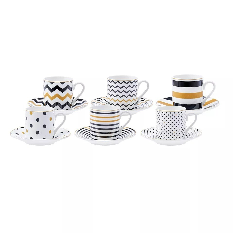 SET OF 6 Karaca Bone China Espresso Cups Saucers Demitasse Set 6x80ml Coffee Cup