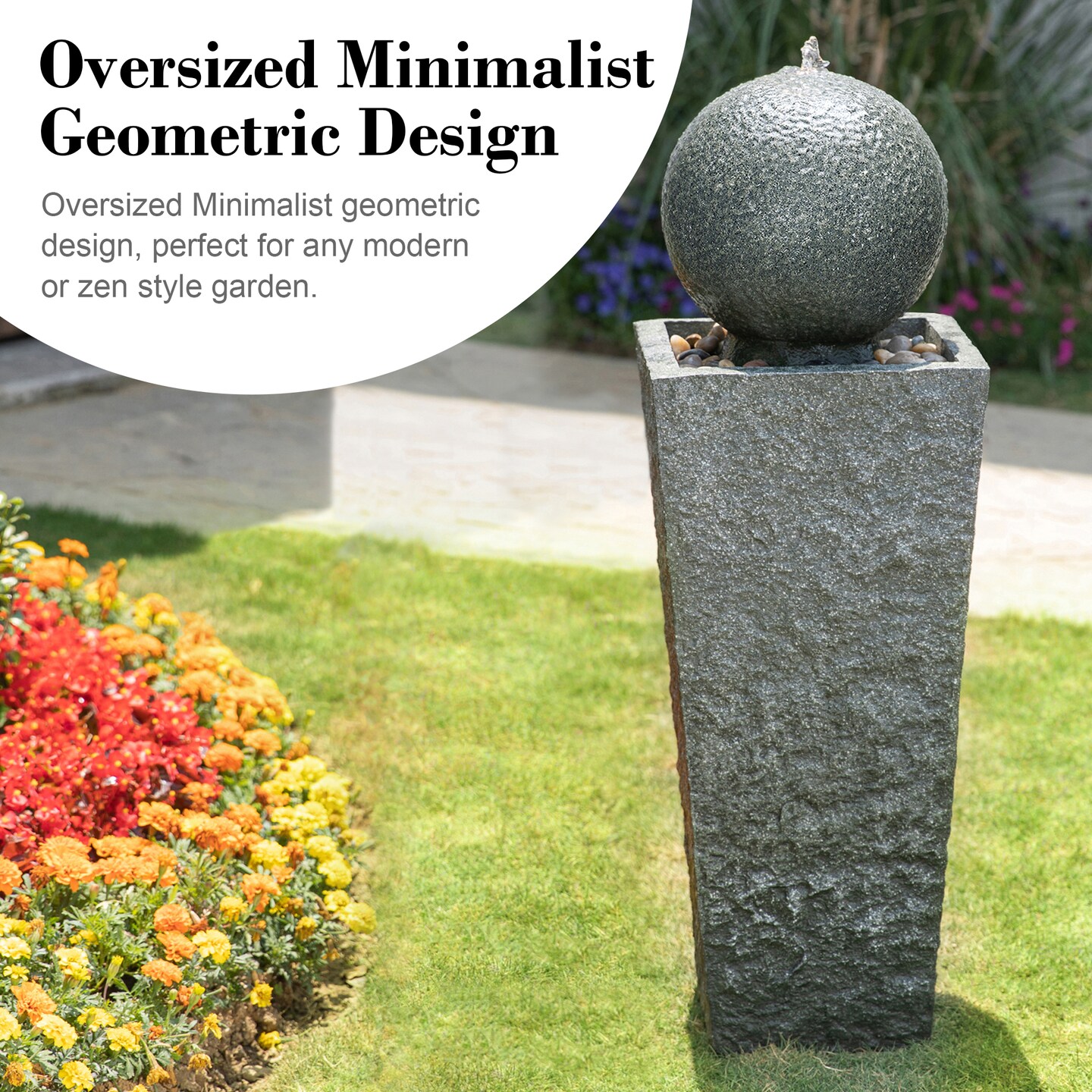 40.25"H Geometric Pedestal and Sphere Outdoor Fountain with LED Light, Polyresin, Includes Pump and Pebbles