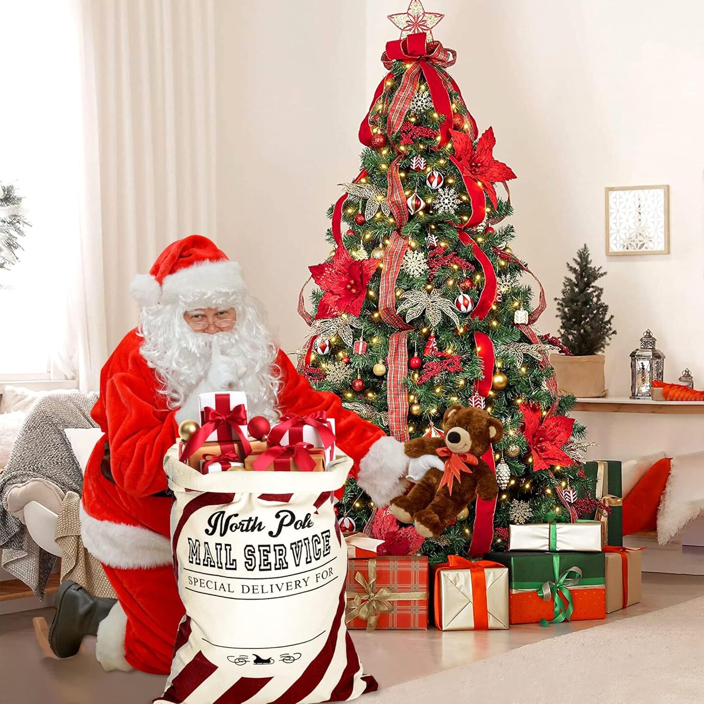 Christmas Santa Sack, Large Christmas Canvas Gift Bag with Drawstring, [Place to Write Wishes] Reusable Personalized Best Gift, for Xmas Package Storage, Christmas Party Supplies Favors