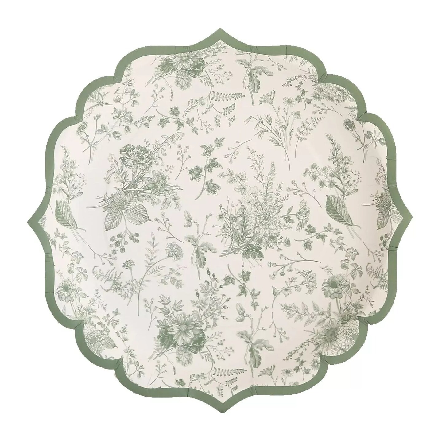 25 White Sage Green 10&#x22; Floral Leaf Print Paper Plates Scalloped Rim Party Event