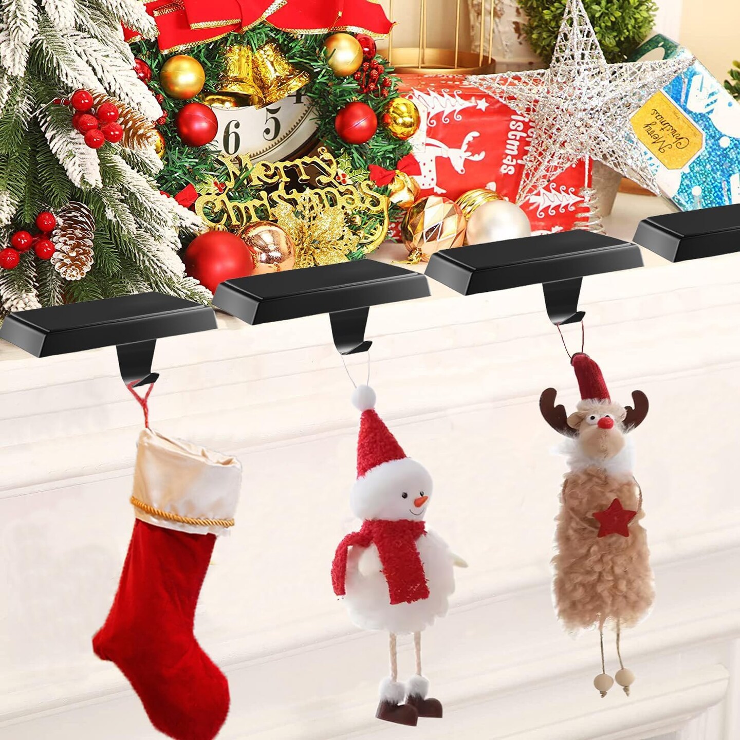 Stocking Holders for Mantle, Set of 4 Christmas Stoking Holder Black Weighted Flat Stocking Holders Hangers for Mantle Fireplace for Xmas Holiday Party Decoration