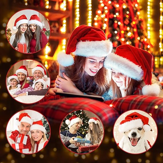 Christmas Hat, Santa Hat, Xmas Holiday Hat for Adults, Unisex Velvet Classic Santa Hat for Xmas New Year Party Headwear