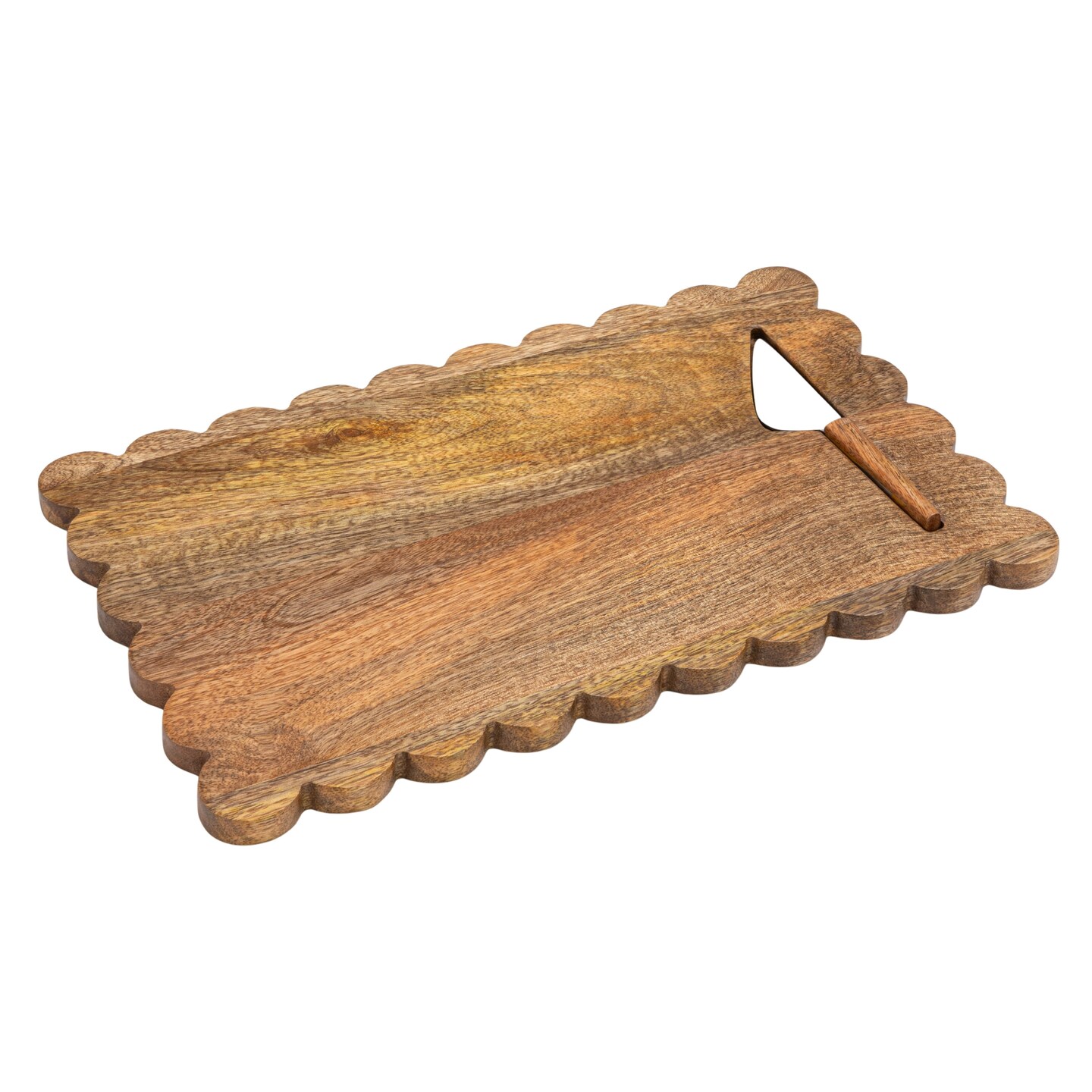 Hello Honey Mango Wood Scalloped Cheese Board with Inlaid Knife, Natural