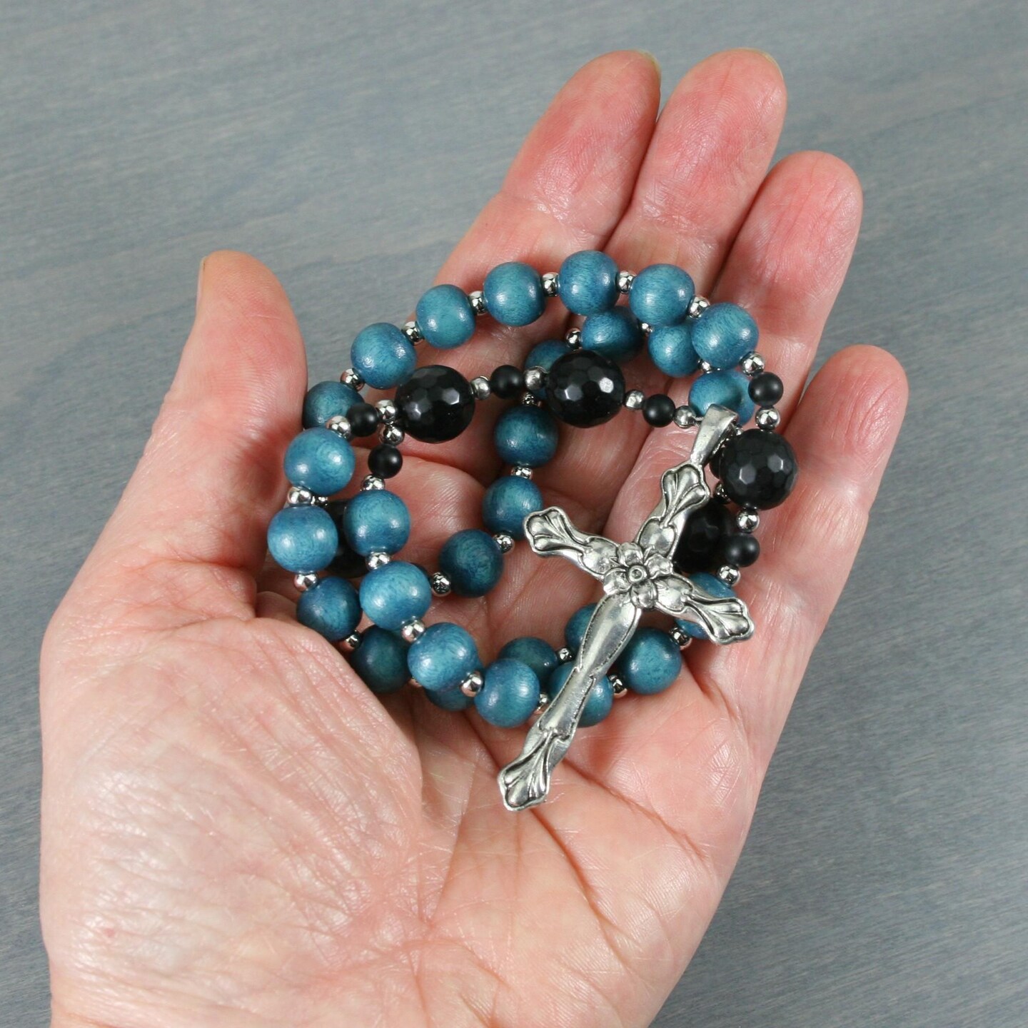 Handmade Rosary, 10mm Silver Plated Black Onyx on sale Agate Faceted Beads