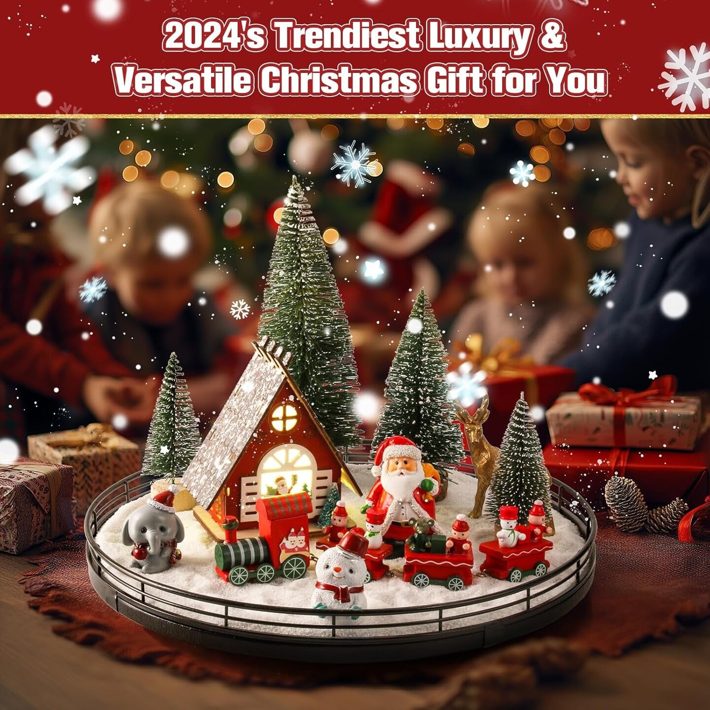 12 Pcs Christmas Table Decorations Indoor Christmas Village Sets, Winter Xmas Holiday 13&#x201D; Lazy Susan with Light-Up House Christmas Trees Santa Snowman Table Centerpieces Town Building Collection D&#xE9;cor