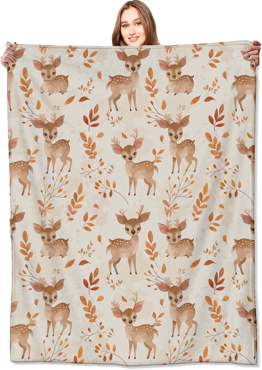 Whimsical Deer Blanket Cute Fawn and Autumn Leaves Throw Blankets Gifts for Kids Girls Lightweight Soft Fleece Cozy for Sofa Couch Bed Room Travel Birthday Decor 40X50In