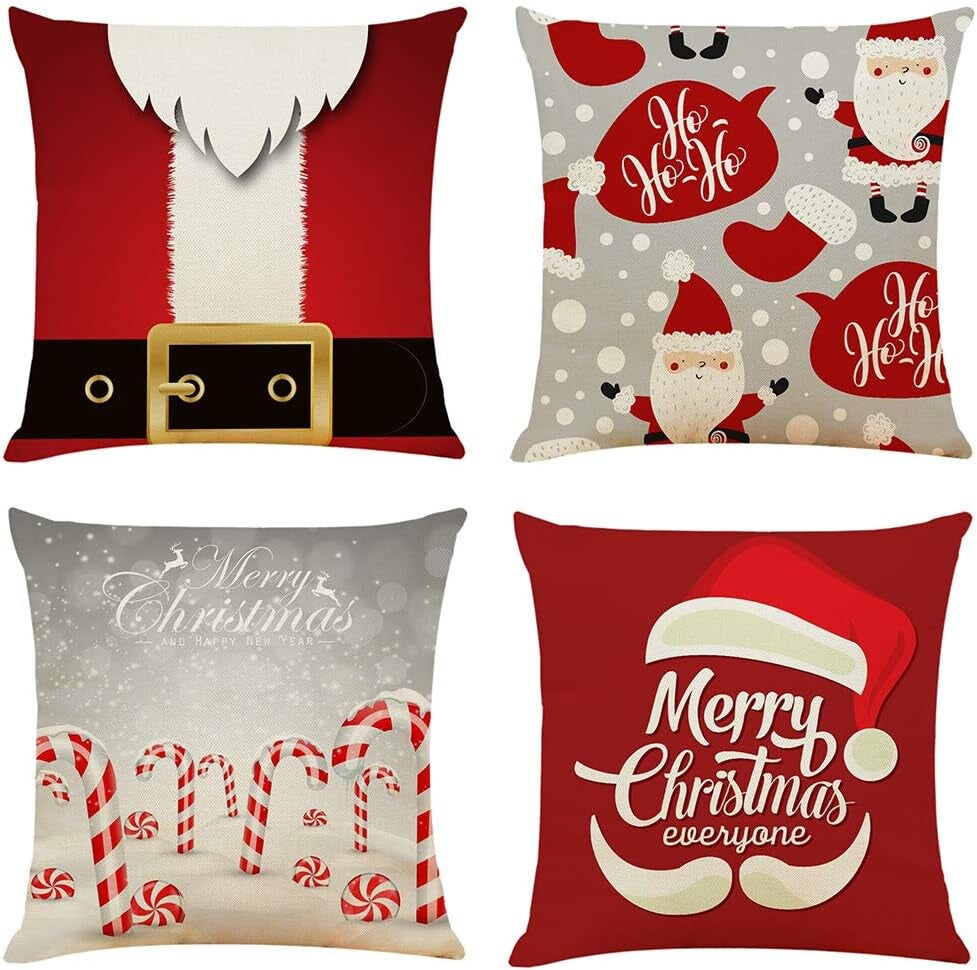 4PCS 18&#x22;X18&#x22; Throw Pillow Covers Christmas Decorative Couch Pillow Cases Cotton Linen Pillow Square Cushion Cover for Sofa, Couch, Bed and Car (Christmas-F)