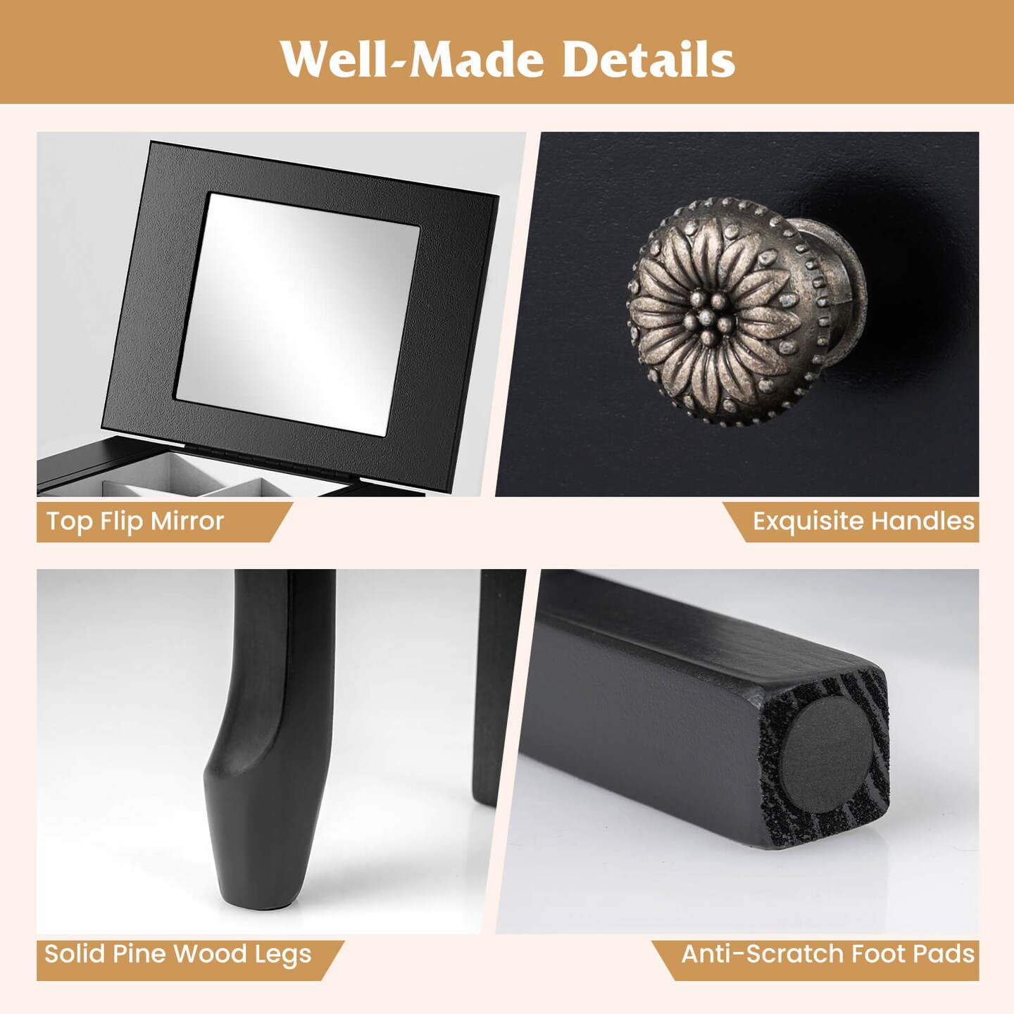 Costway Jewelry Cabinet Storage Chest Standing Organizer Mirror White Black