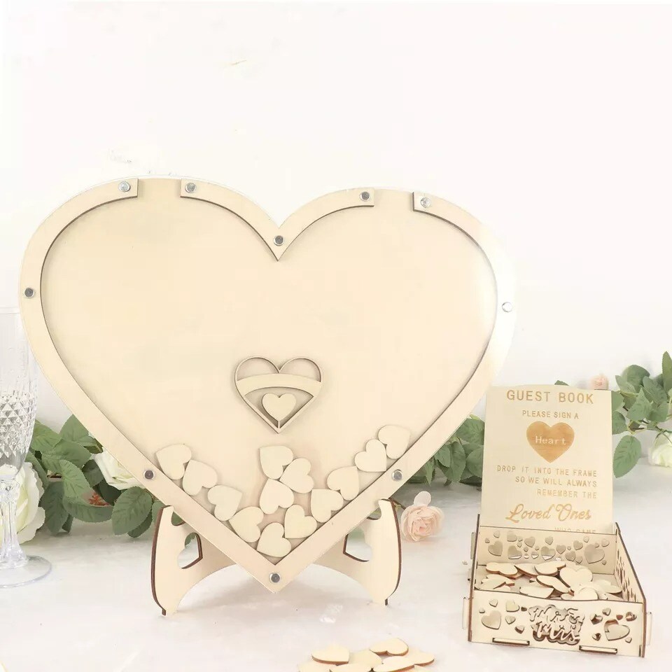 13&#x22; Natural Wooden Heart Drop Top Frame Wedding Guest Book Sign Set Party Event