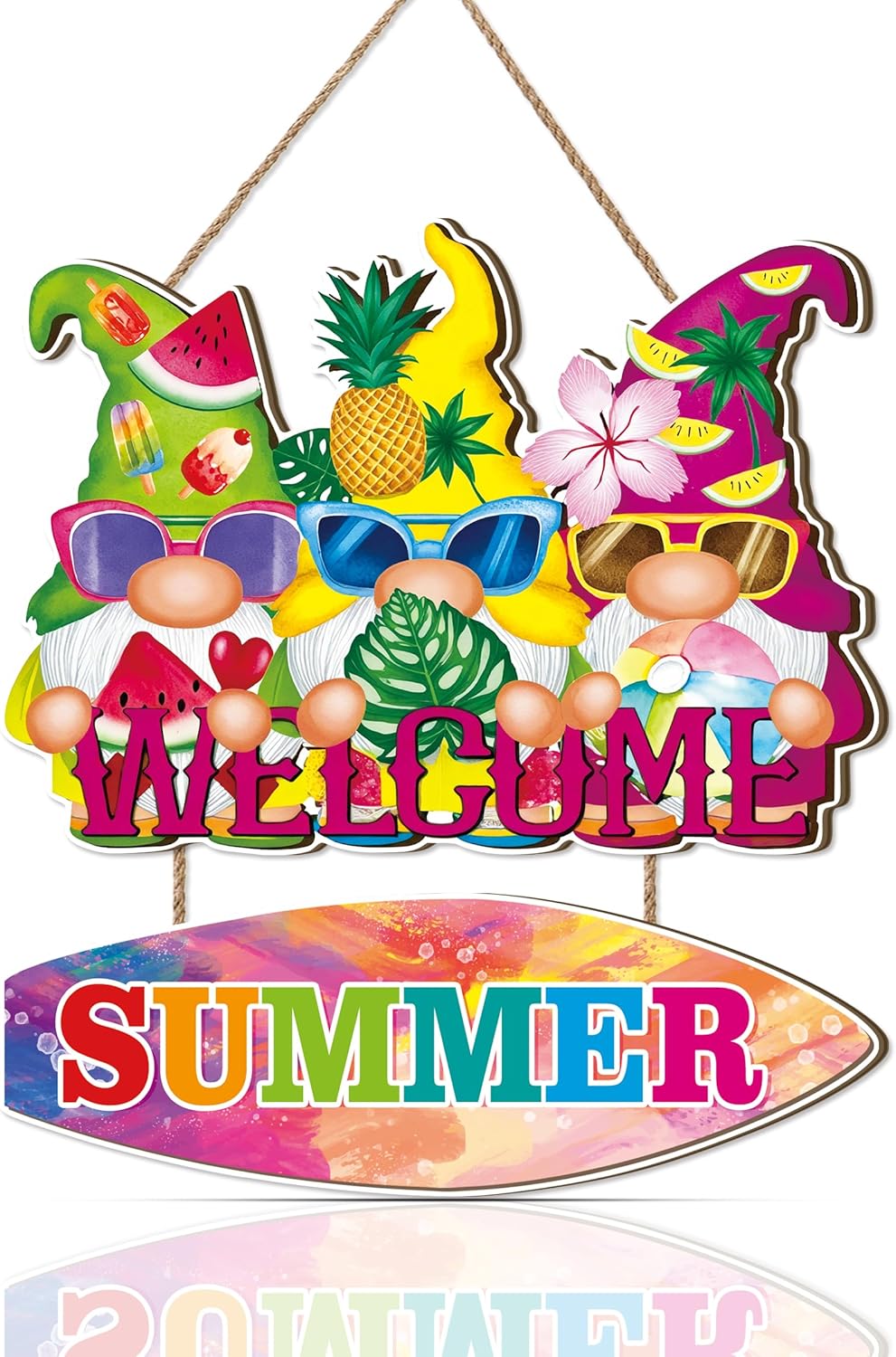 Summer Welcome Sign,Hello Summer Door Hanger,Gnomes Wall Decor for Front Door,Gnome Welcome Sign,Tropical Fruit Pool Beach Wall Decoration for Outdoor Farmhouse Indoor Porch Yard Office
