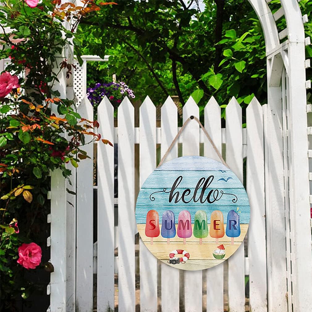 Hello Summer Front Door Sign Hanger(12"x12"), Summer Themed Wooden Door Decoration Hanging with Beach Popsicle Ice Cream, Round Welcome Summer Sign Decoration for Home Front Door Outdoor