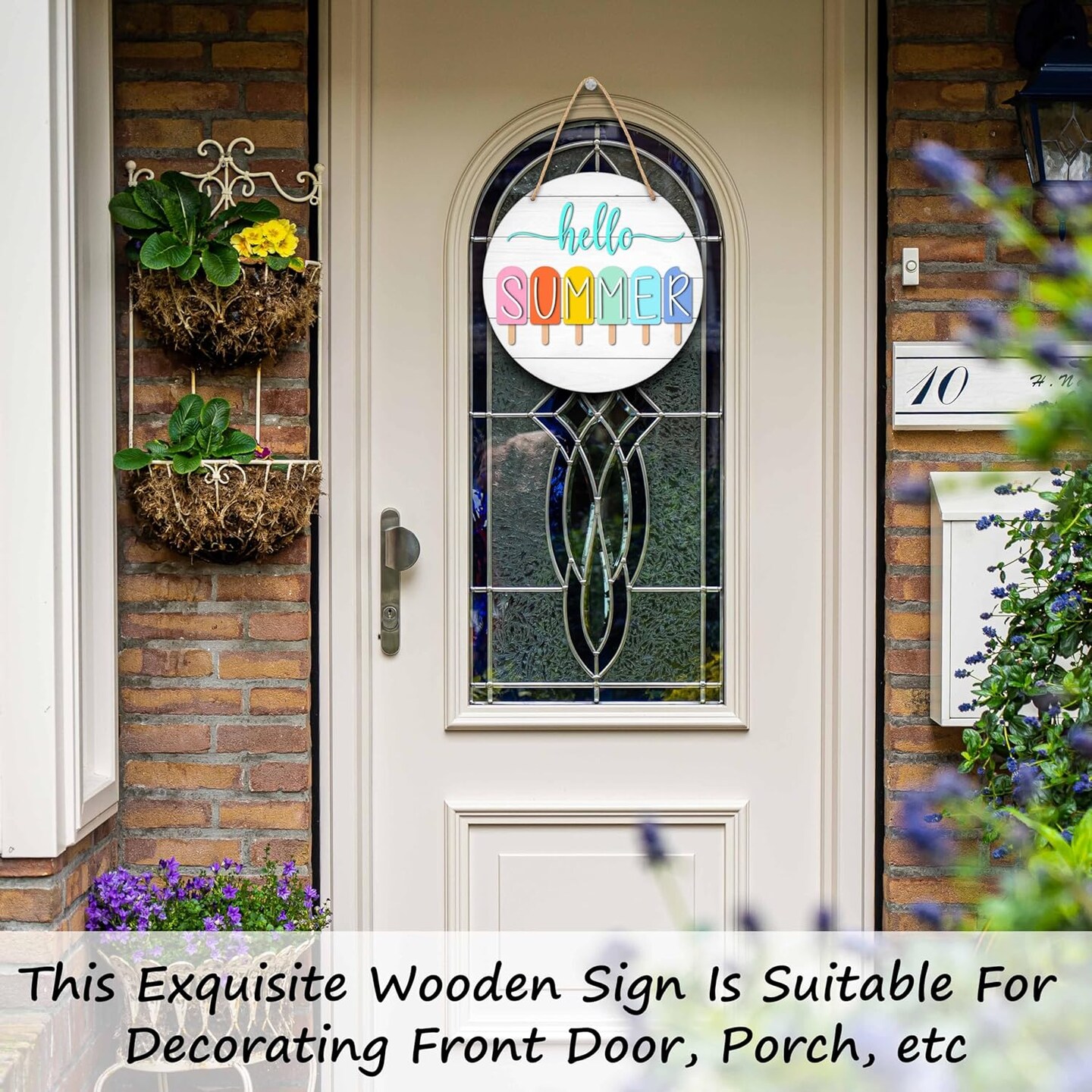 Summer Welcome Sign for Front Door, Hello Summer Wooden Signs Wall Decor, Popsicle Round Hanging Sign With Rope, Summer Decor For Home Front Door Porch, A10