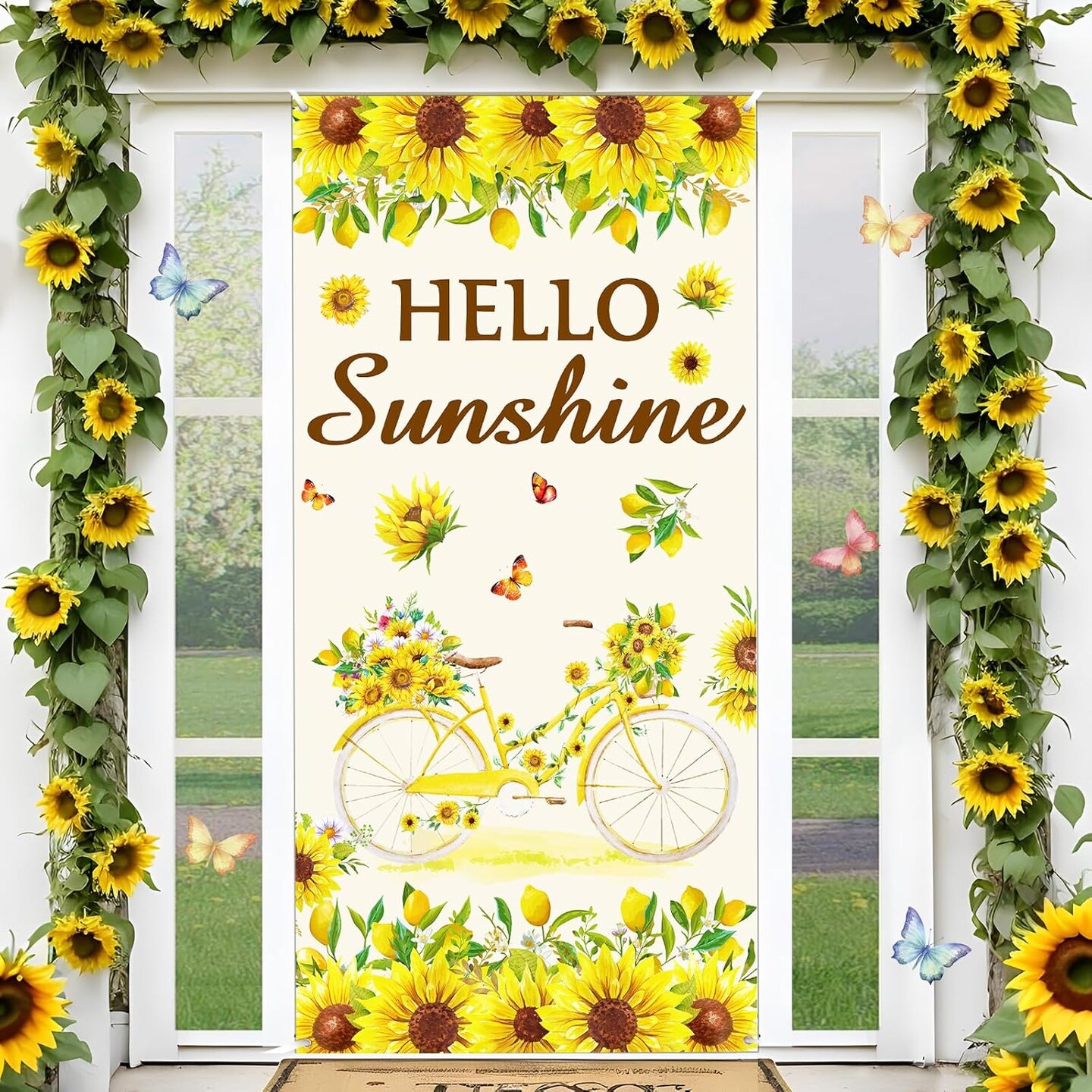 Summer Sunflower Door Decoration Banner Hello Sunshine Door Cover Banner Seasonal Welcome Door Cover for Indoor Outdoor Summer Sunflower Party Supplies