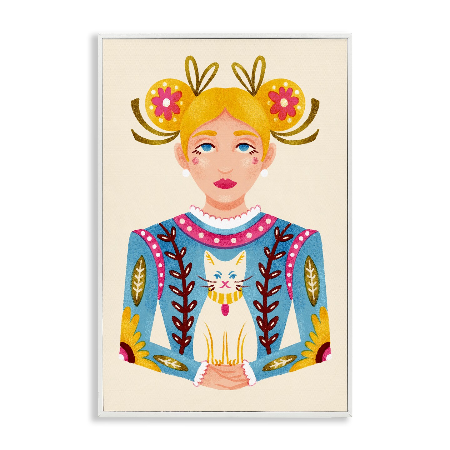 Stupell Industries Blonde Folk Girl with Cat Framed Giclee Design by Hannah Moren