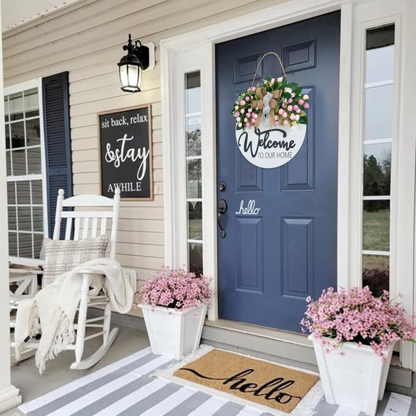 3D Spring Summer Welcome Wreaths for Front Door, Wood Door Hanger,Floral Porch Decor,Wall Plaque, Pink Flower Wreath,Farmhouse White Welcome Sign for Front door-13