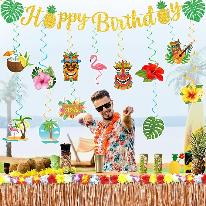 Hawaiian Happy Birthday Banner,Luau Birthday Party Decorations Aloha Summer Beach Themed Glittery Flower Garland Tiki Flamingo Pineapple Palm Leaves Tropical Party Decorations for Birthday Decor