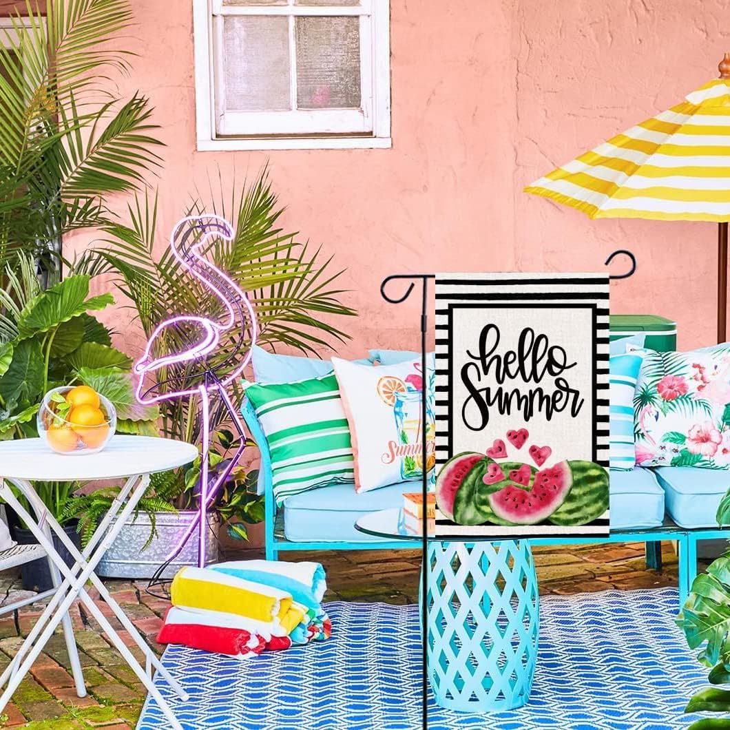 Hello Summer Watermelon Garden Flag Double Sided Black Stripes Watermelon Fruit Cool Summer Yard Flag Seasonal Holiday Outdoor Outside Decoration 12.5x18 Inch