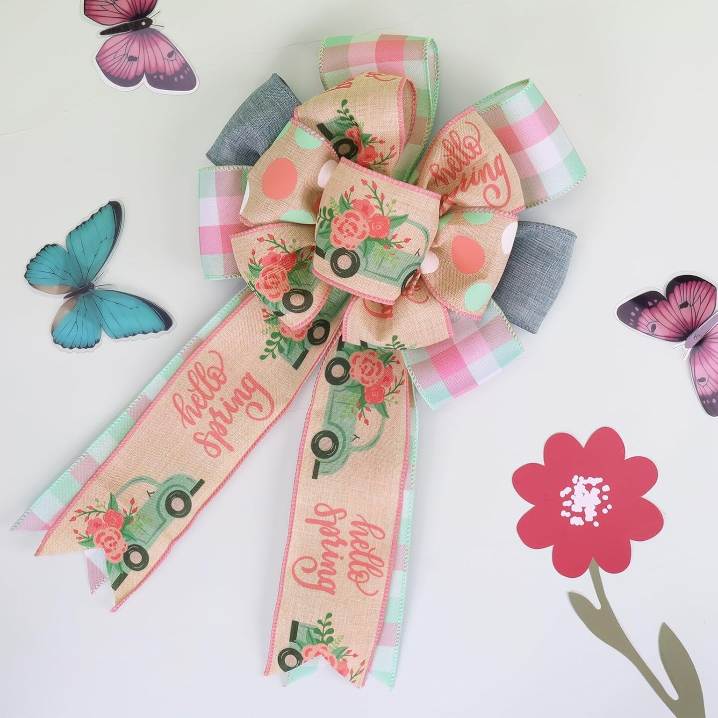 Spring Ribbon Wired 4 Rolls 2.5 Inch x 24 Yards TTL, Blue Car and Floral Ribbon with Plaid and Polka Dot Printed