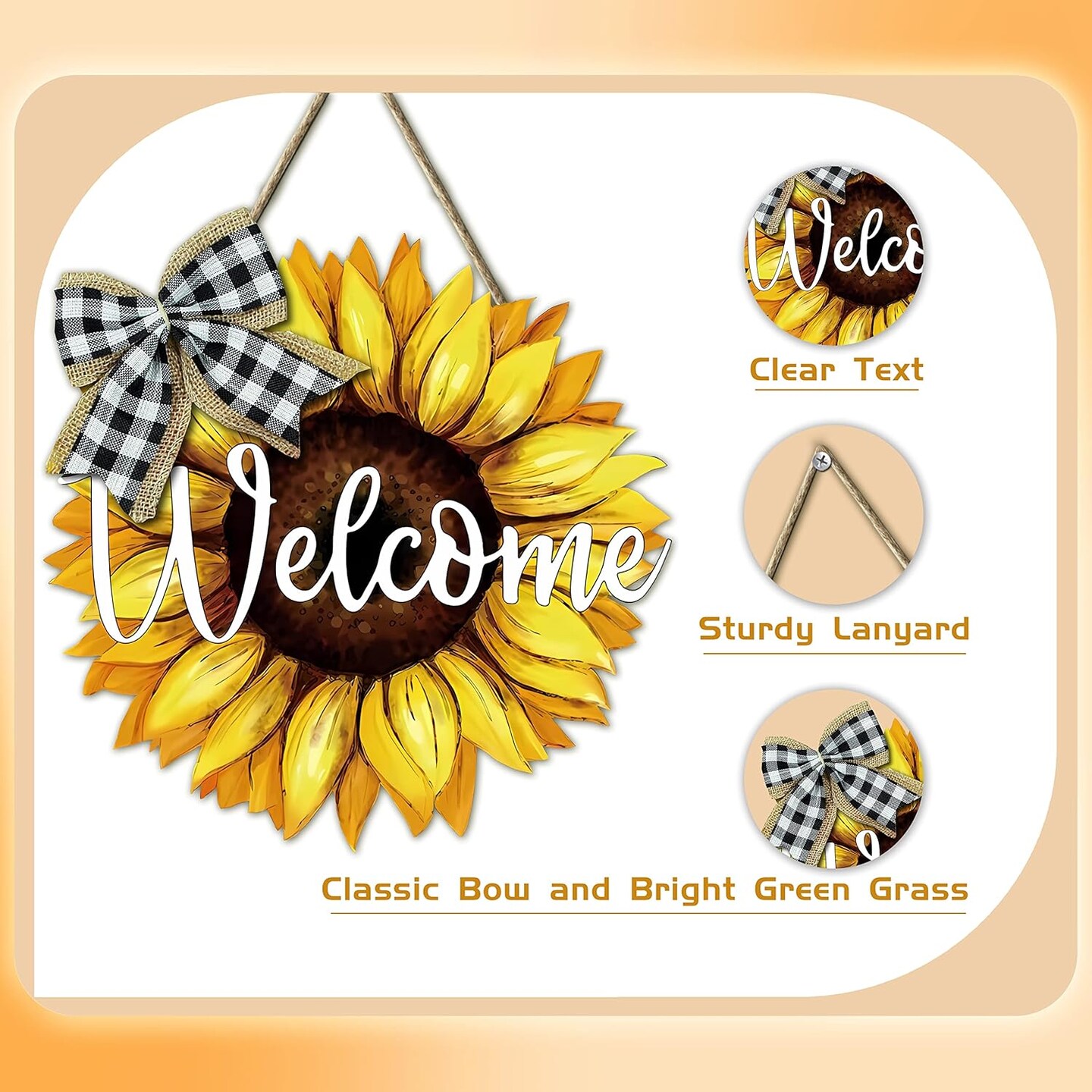 Summer Door Sign Sunflower Welcome Door Hanger Vintage Door Sign Front for Door Decoration Wreaths Decorations Door Hanging Farmhouse Porch Wall Outdoor 12"x12"