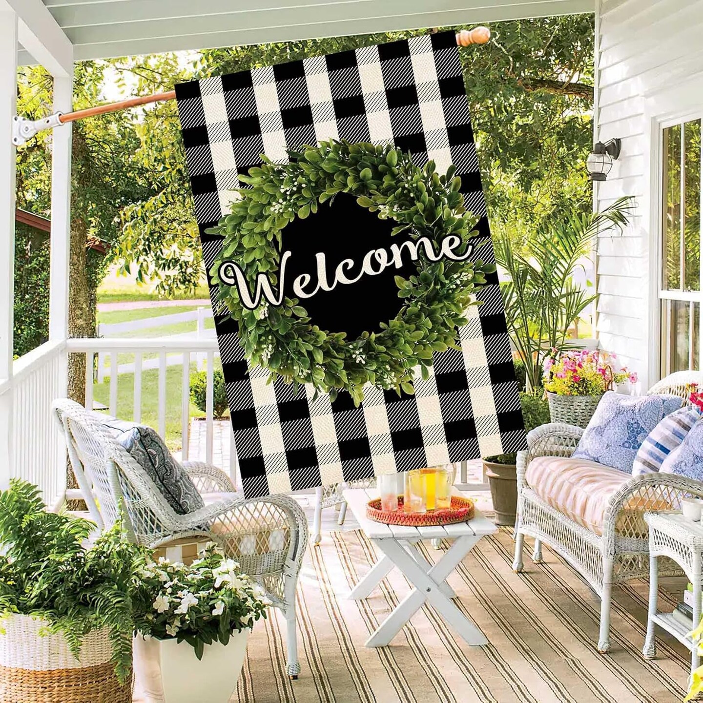 Boxwood Wreath Welcome House Flag Vertical Double Sided, Buffalo Check Plaid Rustic Farmhouse Burlap Garden Yard House Flag Outdoor Decoration 28 x 40 Inch