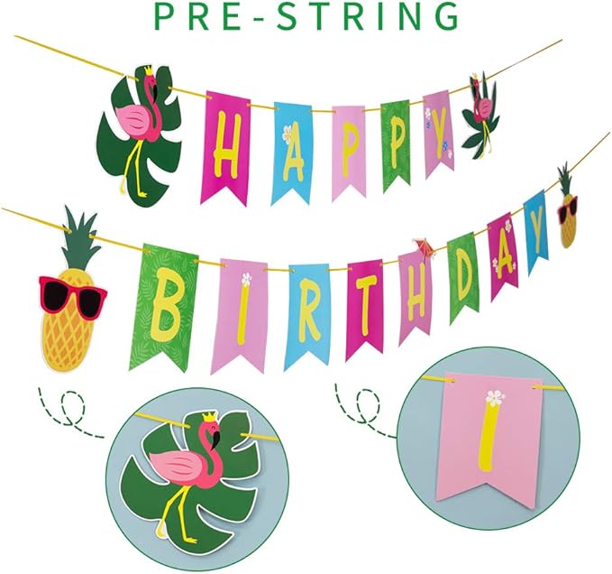 Tropical Happy Birthday Banner Colorful Hawaiian Luau Birthday Banner Flamingo Pineapple Palm Leaf Banner for Summer Birthday Party Decorations Supplies | Pre-Strung