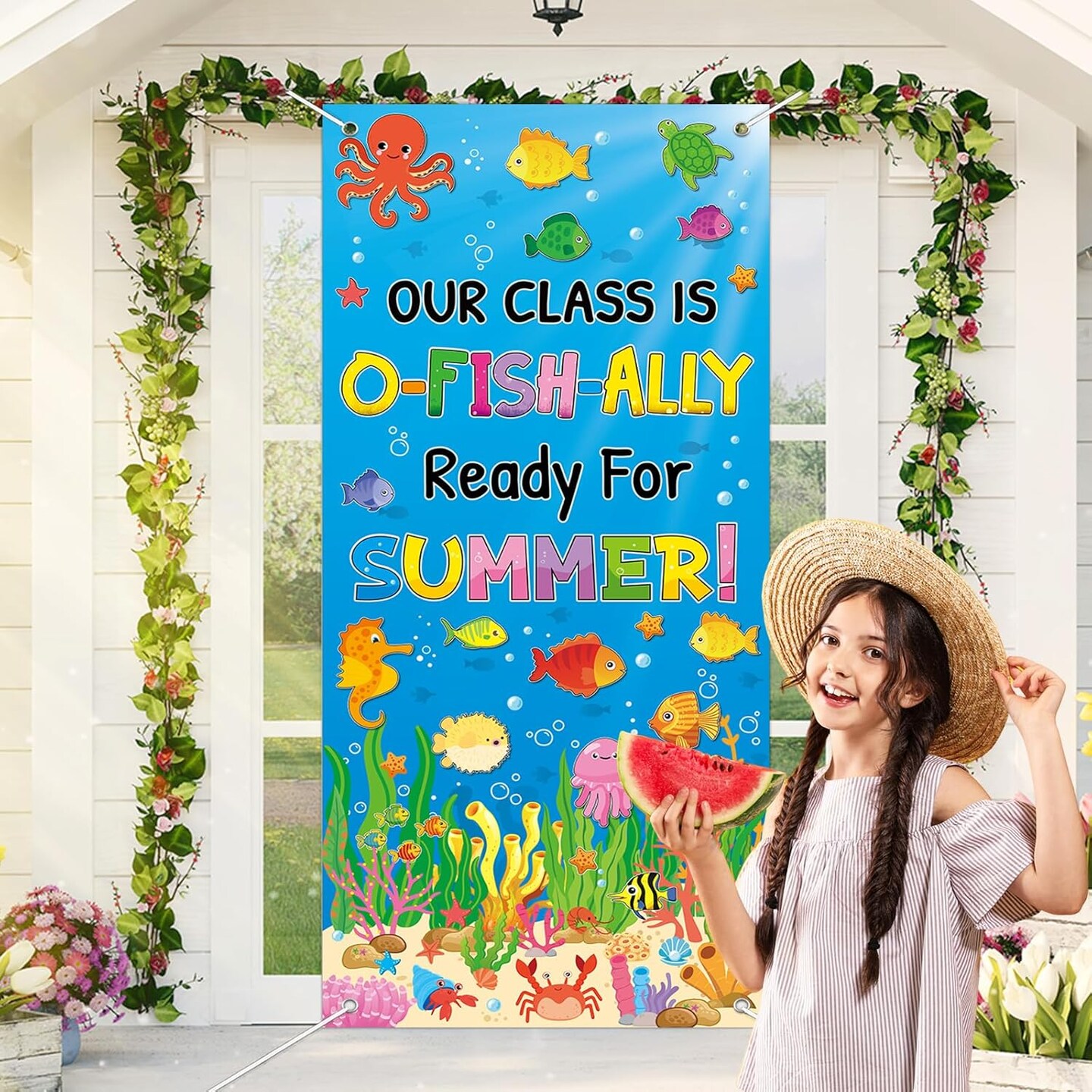 Summer Classroom Door Cover Decoration Our Class Is O-Fish-Ally Ready for Summer Door Banner Ocean Animal Porch Backdrop Sign for School Indoor Outdoor Wall Window Decor Teacher Supplies