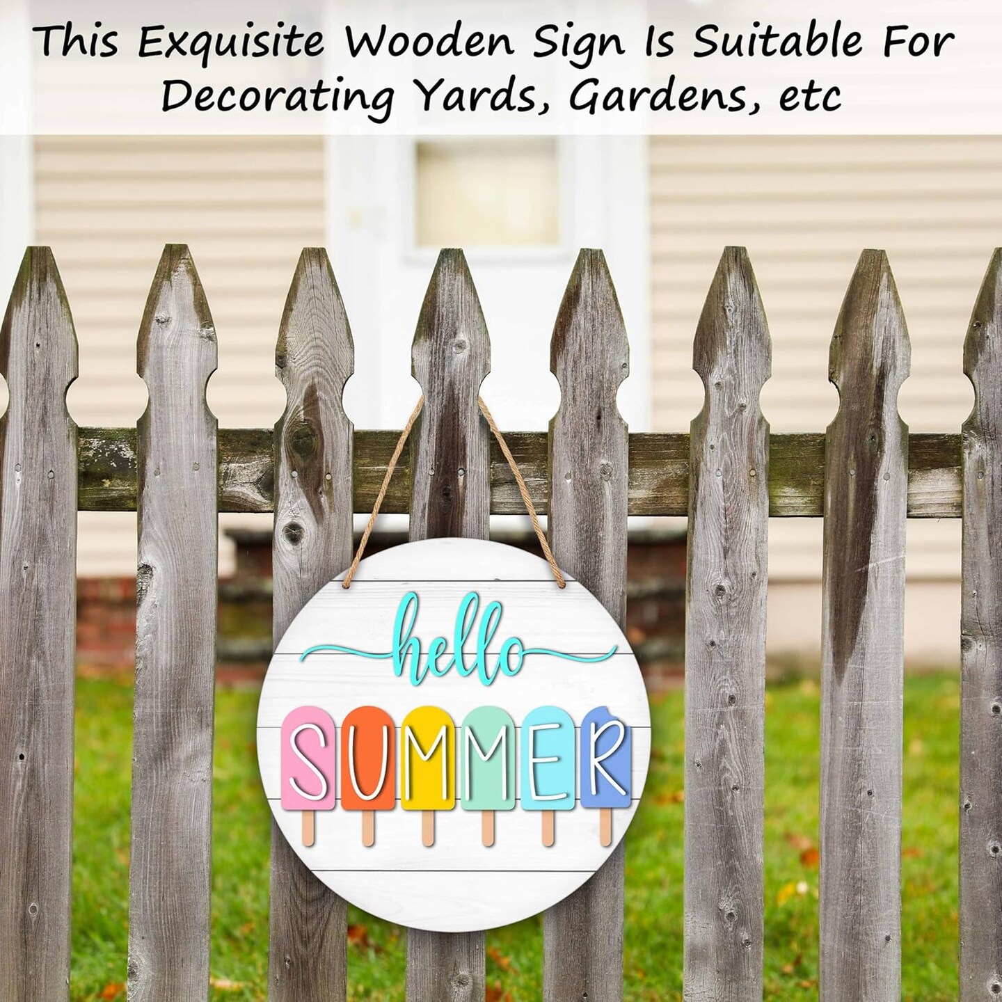Summer Welcome Sign for Front Door, Hello Summer Wooden Signs Wall Decor, Popsicle Round Hanging Sign With Rope, Summer Decor For Home Front Door Porch, A10