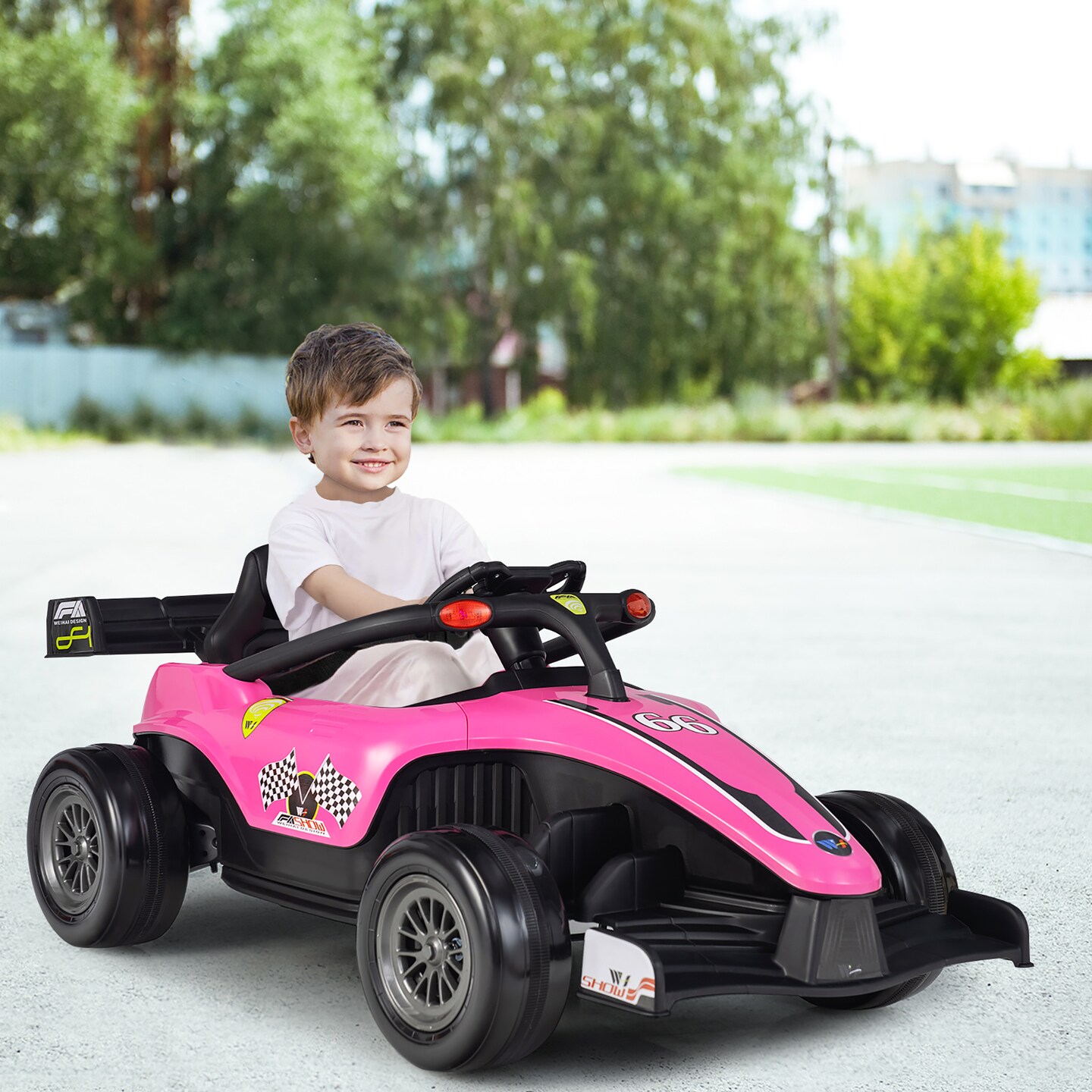 Costway 12V Kids Ride on Car Electric Racing Truck Remote Control w/ MP3 & Lights Yellow\Pink\Red
