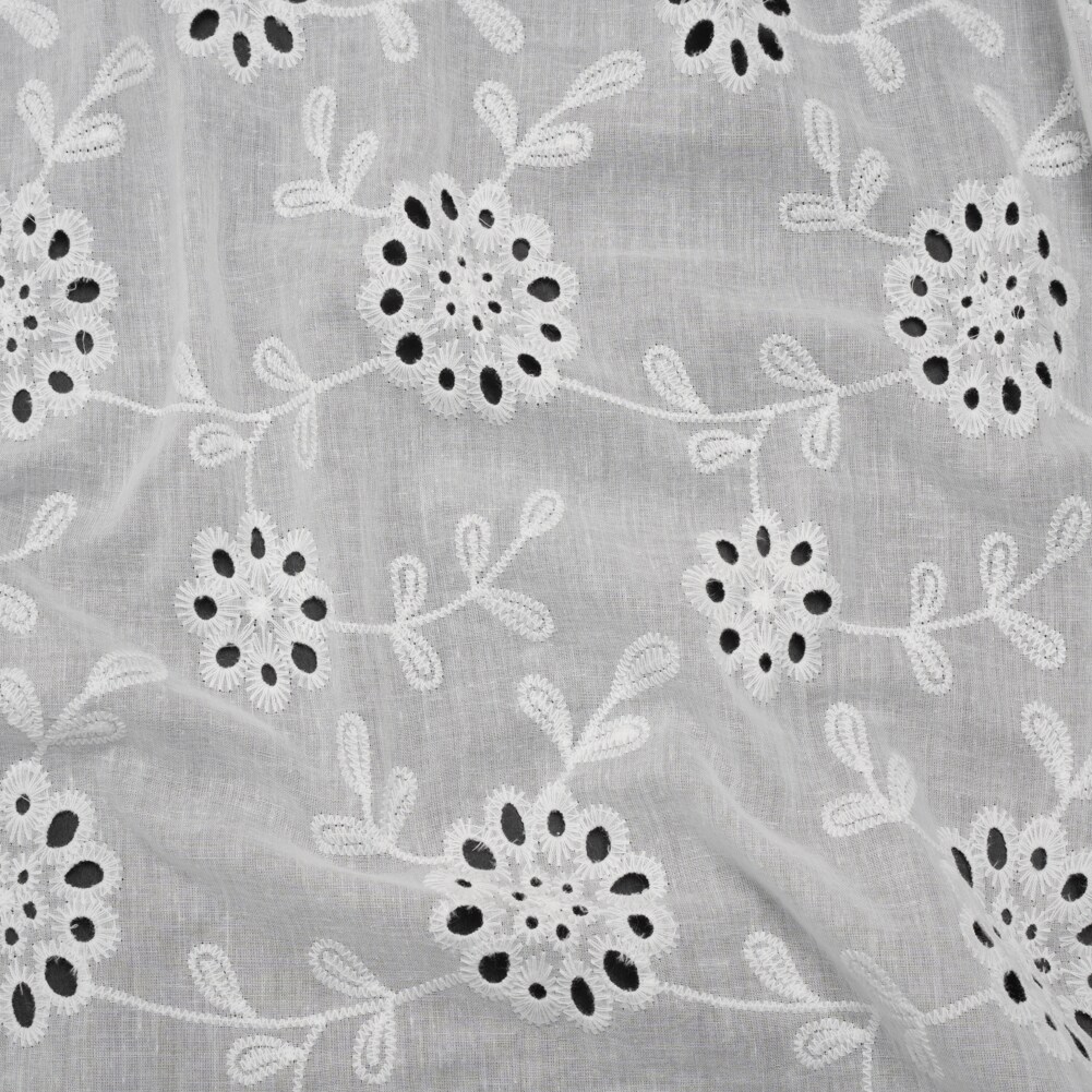 1 Yard Embroidered Eyelet Cotton Voile White Big Flowering Vines Fabric 54 inch Width