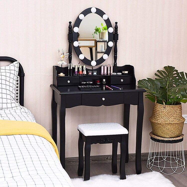 Black LED Vanity Table with 360 Degree Rotating Mirror Adjustable Brightness Large Storage Drawers and Stool
