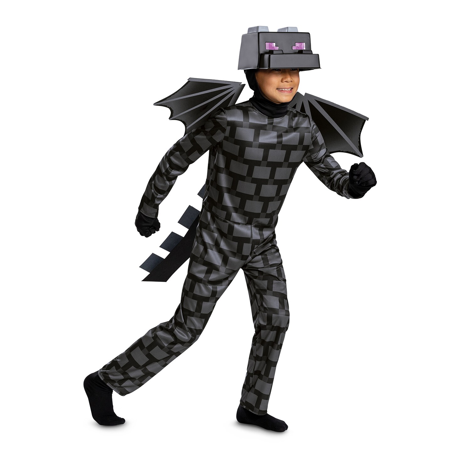 Kids Deluxe Minecraft Ender Dragon Costume Black Jumpsuit Wings Hood Large