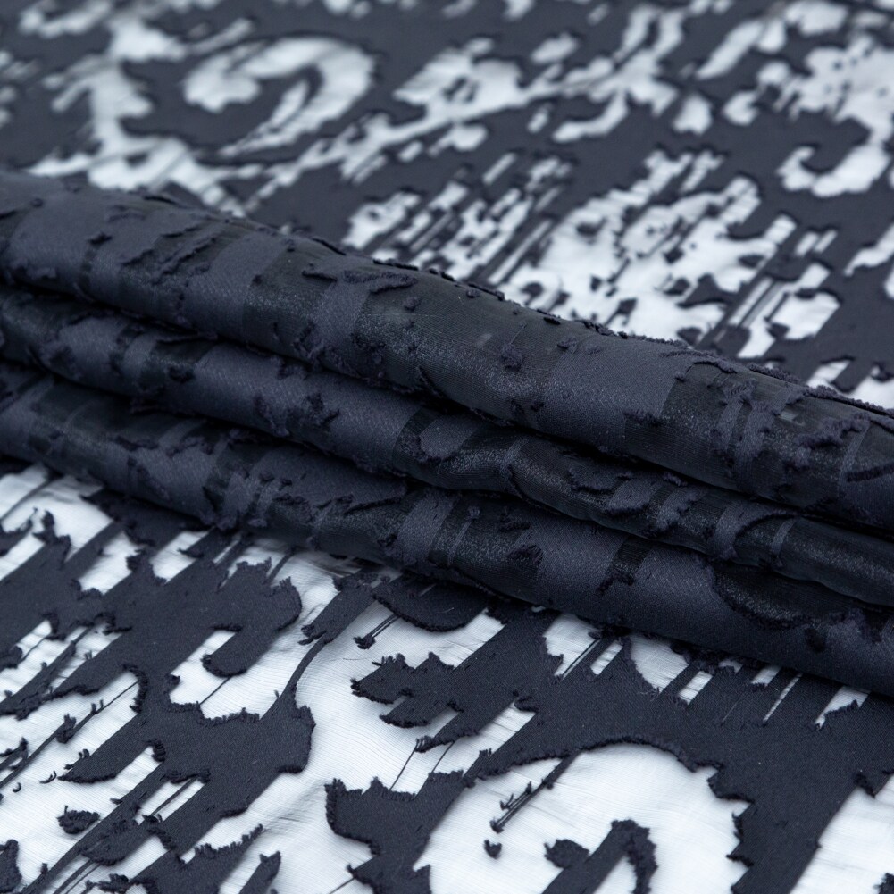 1 Yard Shimmering Black Abstract Organza Burnout Fabric with Frayed Texture