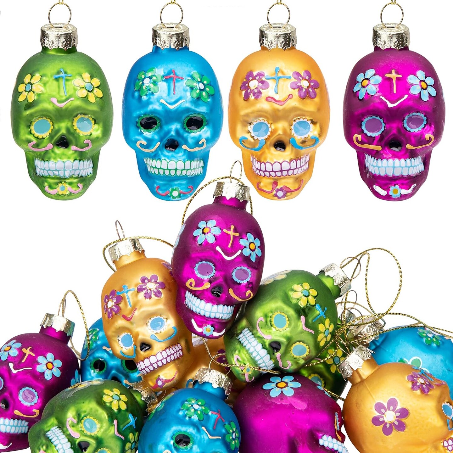 12 PCS Day of The Dead Glass Ornaments - Skull
