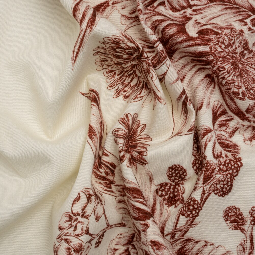 1 Yard Brushed Stretch Cotton Twill Print Cranberry Red and White Floral Border Stripes Sanctuary Sketch
