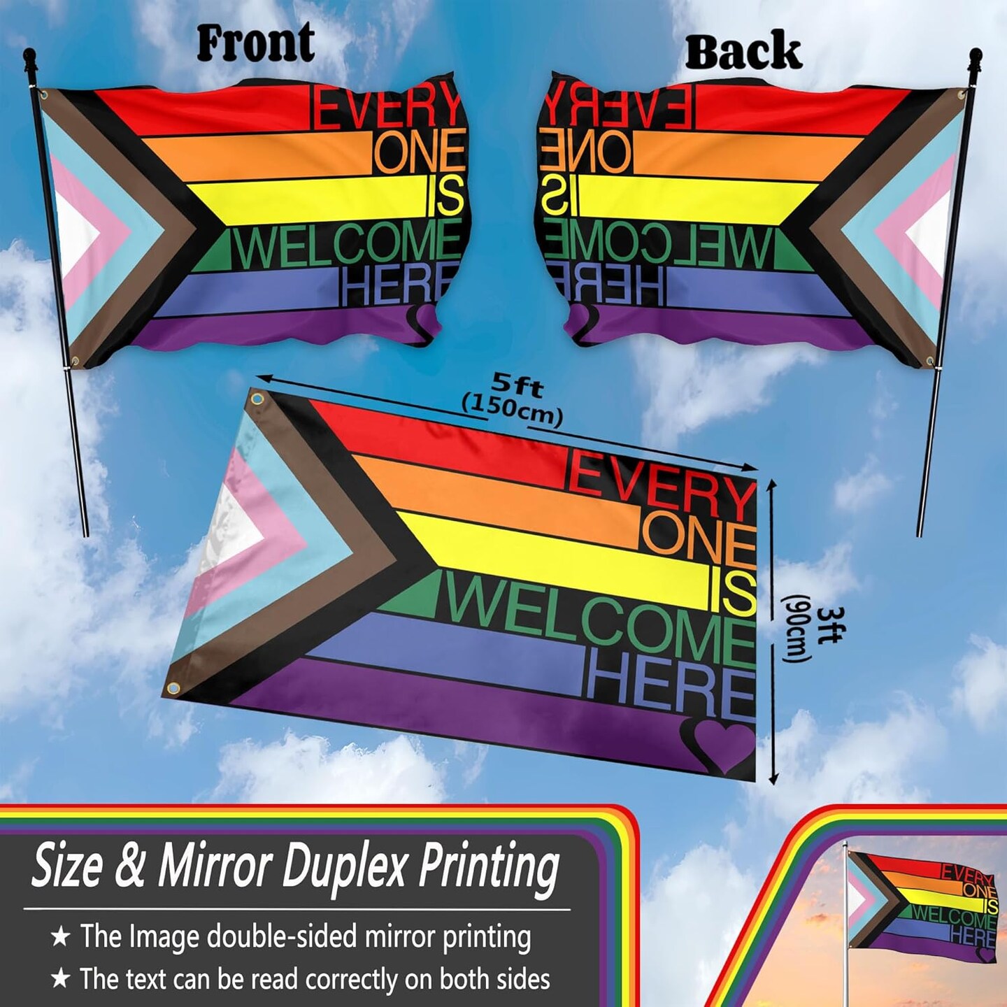 Everyone Is Welcome Here Flag 3x5 Ft Outdoor Progress Pride Flag Polyester Double Sided LGBTQ Pansexual Rainbow Flags for Indoor House Yard Outside Banner Decor