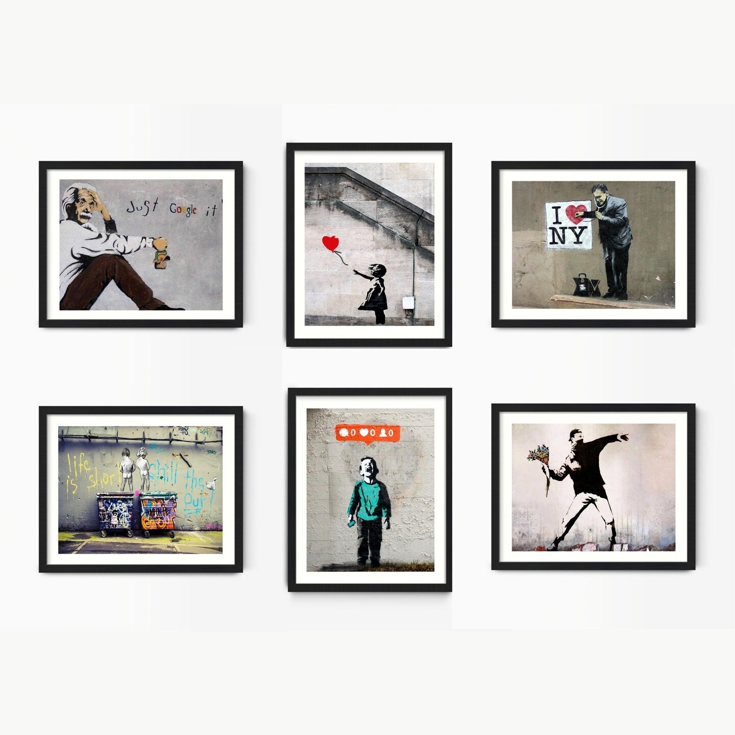 Framed Banksy Street Art Canvas Set of 6 - 16x20 Graffiti Prints