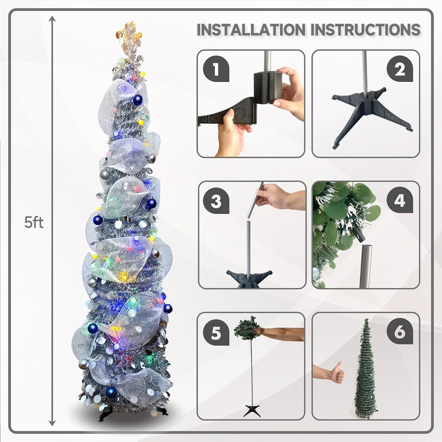 5FT Pop-Up Christmas Tree (Silver) 15.15"D x 15.15"W x 59.05"H
