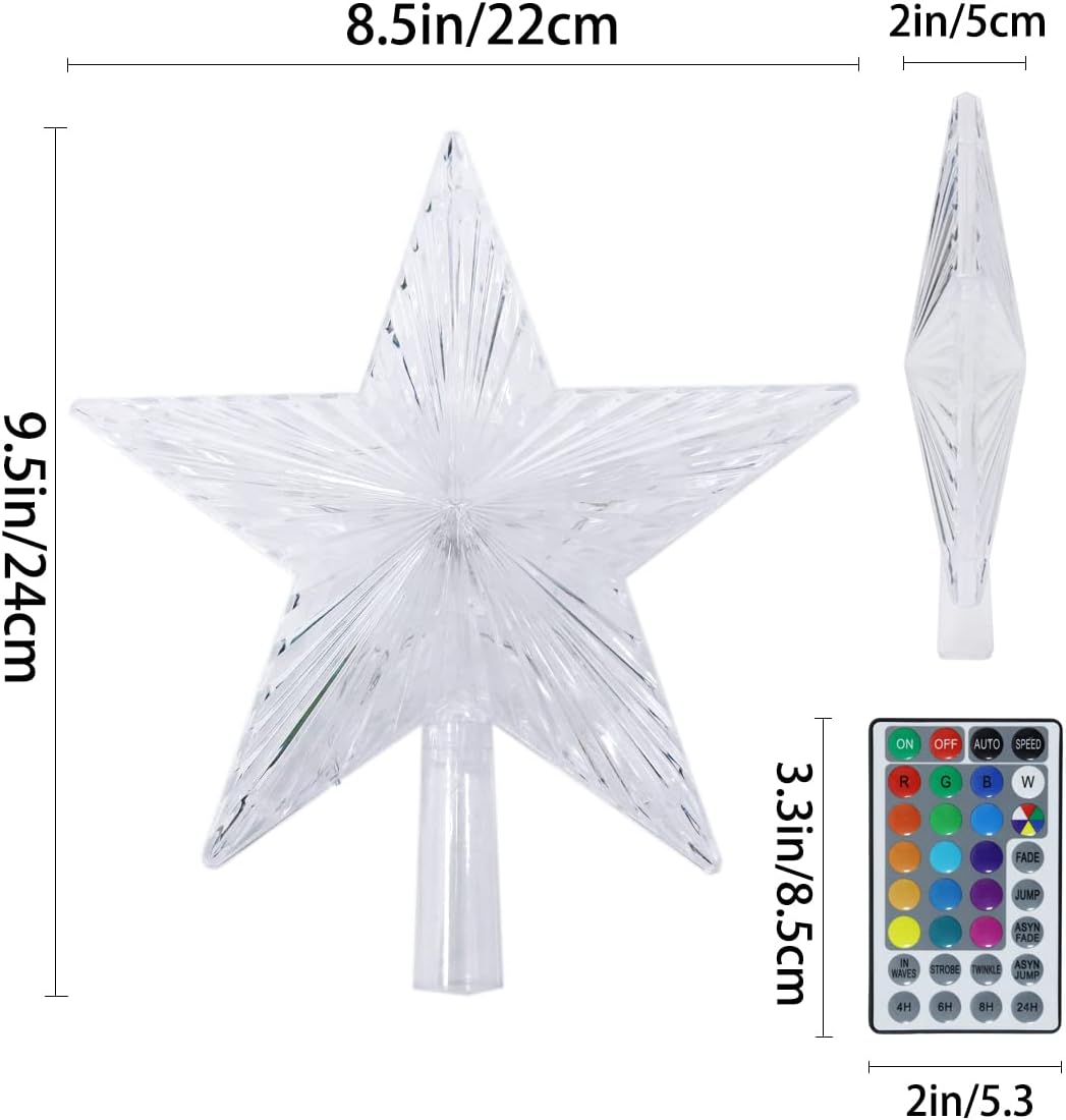 Christmas Star Tree Topper Lights - 9.5 Inch &#x26; 10 LED with Remote (3AA Battery Powered)