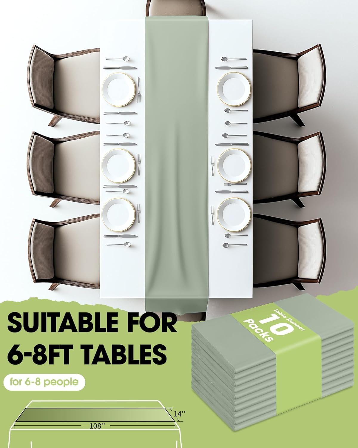 Sage Green Plastic Table Runners - 10 Pack, 14'' x 108'', Water Resistant & Disposable(Sage Green)108"L x 14"W