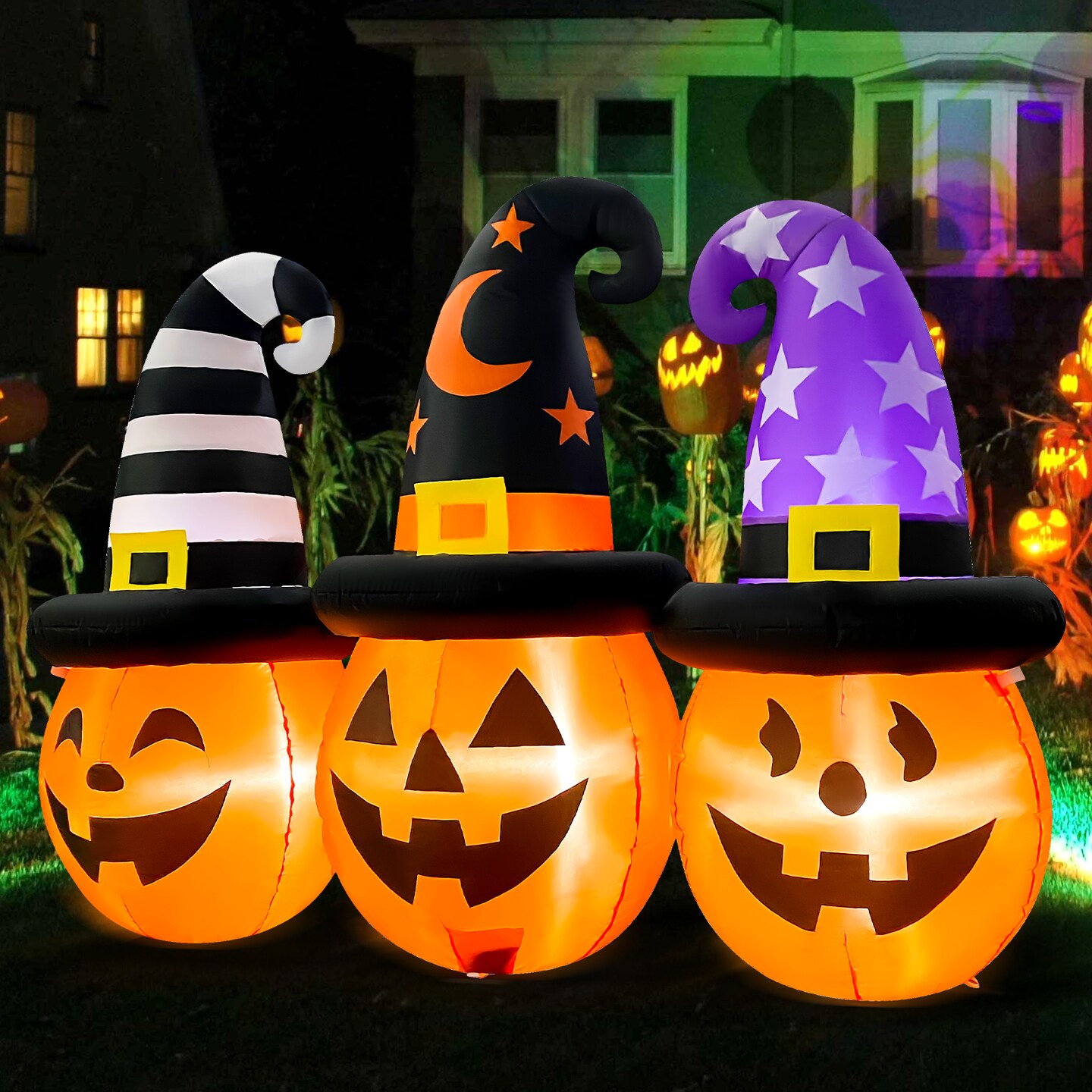 GOOSH 6FT Inflatable Trio of Pumpkins with Witch Hats &#x2013; Light-Up Halloween Yard Decoration