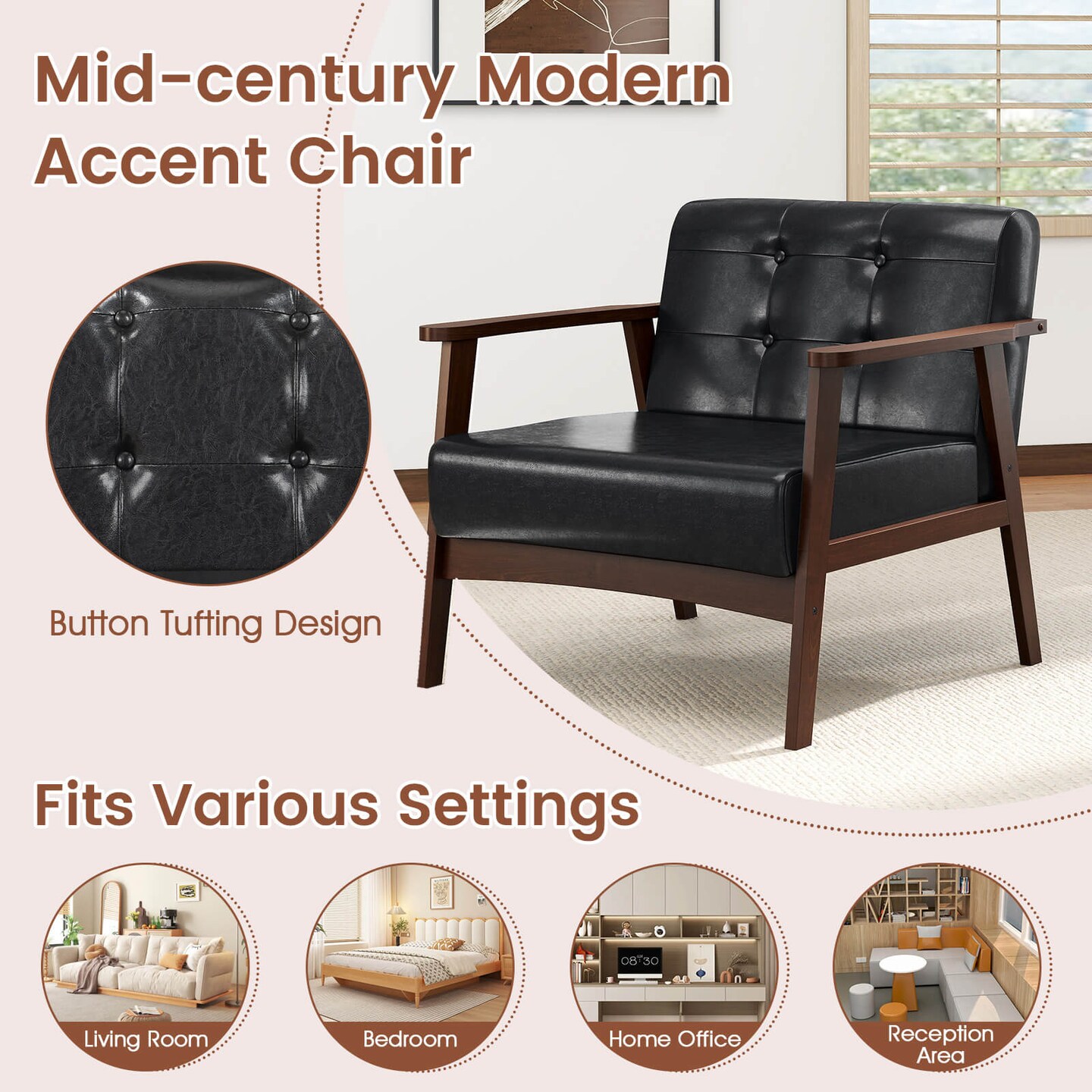 Costway Accent Chair with Armrest & Rubber Wood Frame Button Tufted Chair for Living Room Brown/Black
