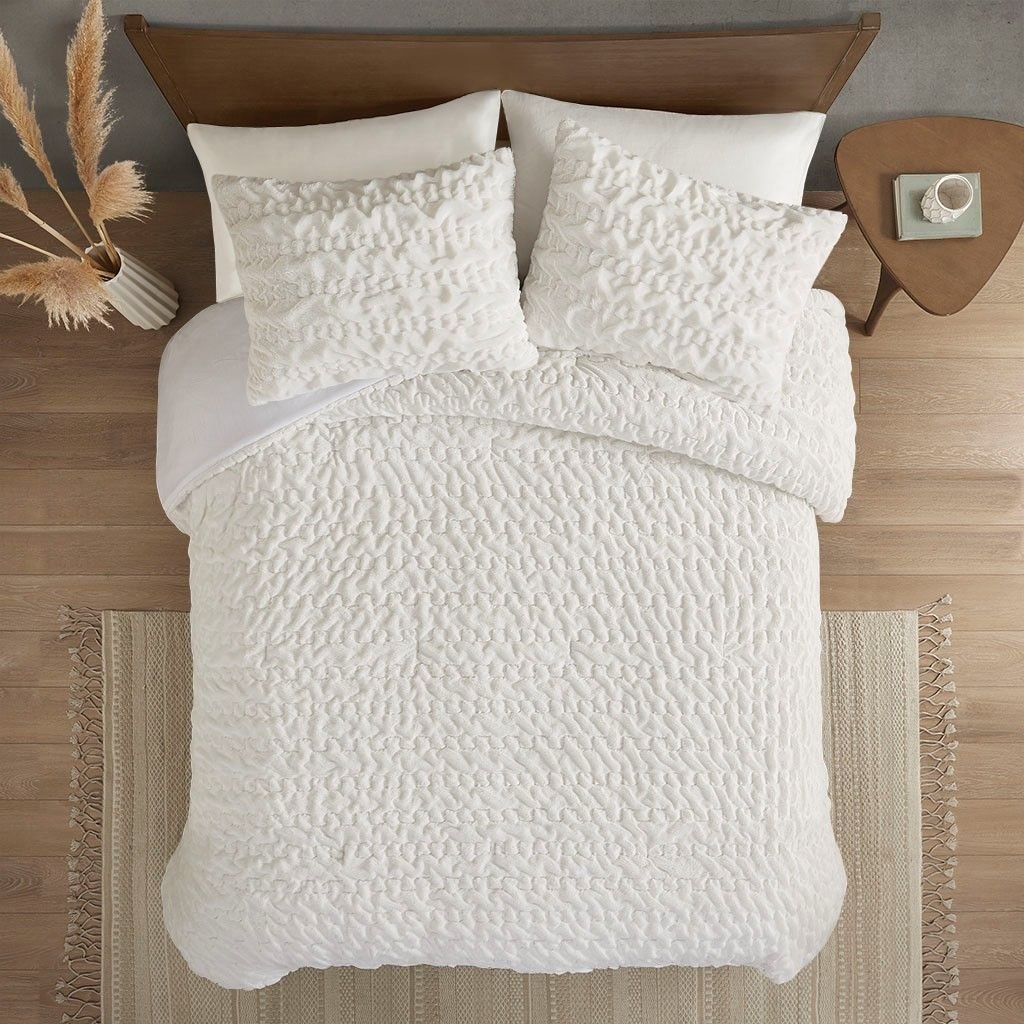Edge Collections - 26" x 20" - White - Blair King Ruched Faux Fur Comforter Set - 3 Piece