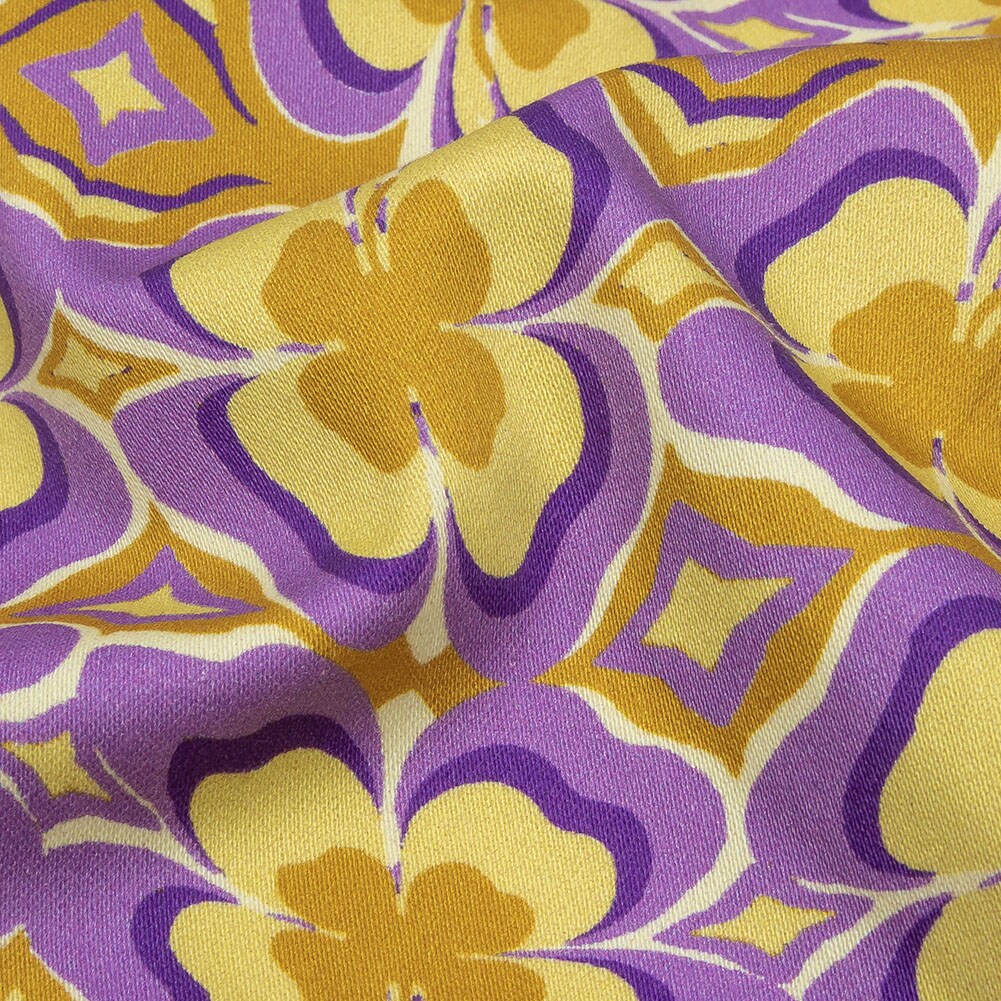 1 Yard Purple and Yellow Clovers Lucky You Print Stretch Cotton Sateen Fabric
