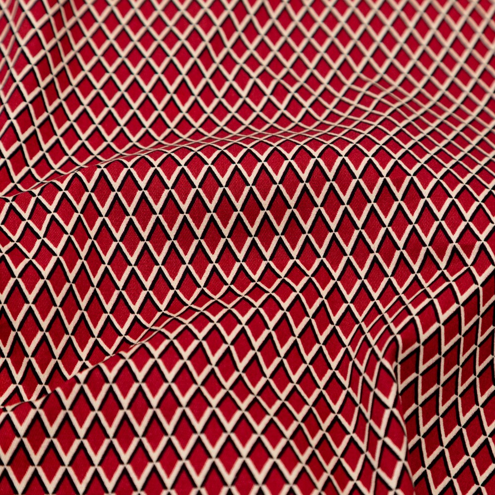 1 Yard Red Beige Geometric Stretch Cotton Print Fabric Medium Weight Durable