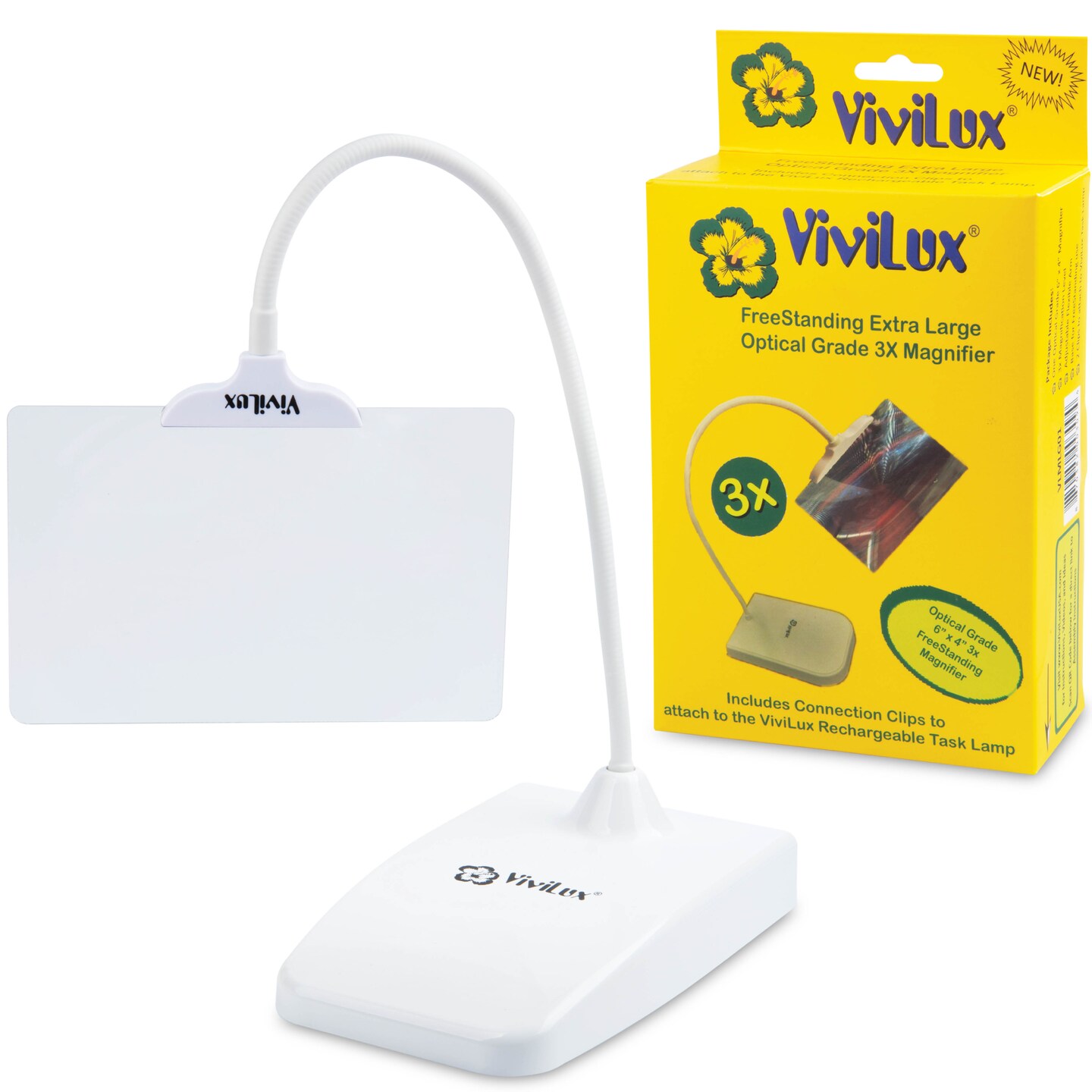 ViviLux Optical Grade 6"x4" Freestanding 3X Magnifier for Reading with Flexible Arm for Hands-Free Precision – Ideal for Hobby Desks & Sewing Stations