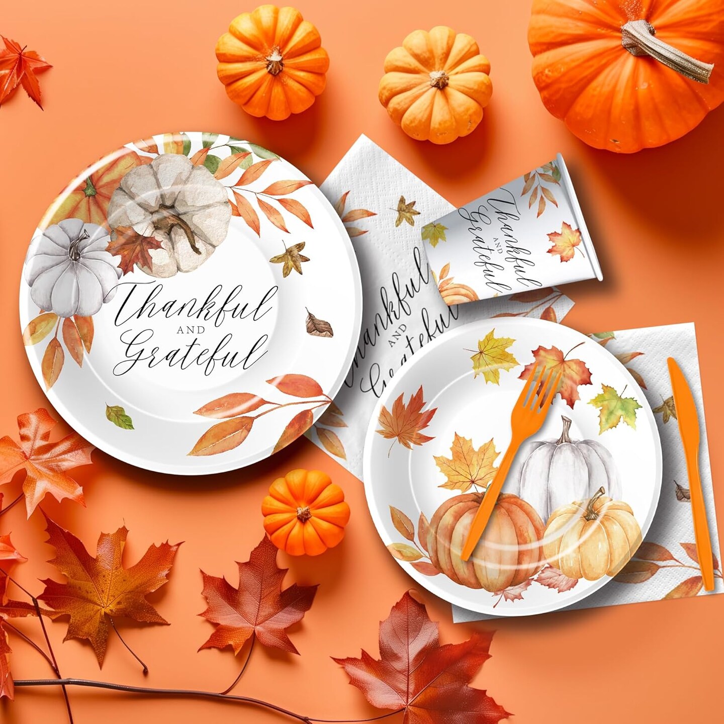 Thanksgiving Party Supplies - Paper Plate, Cup, Napkin, Disposable Cutlery (Serves 24)