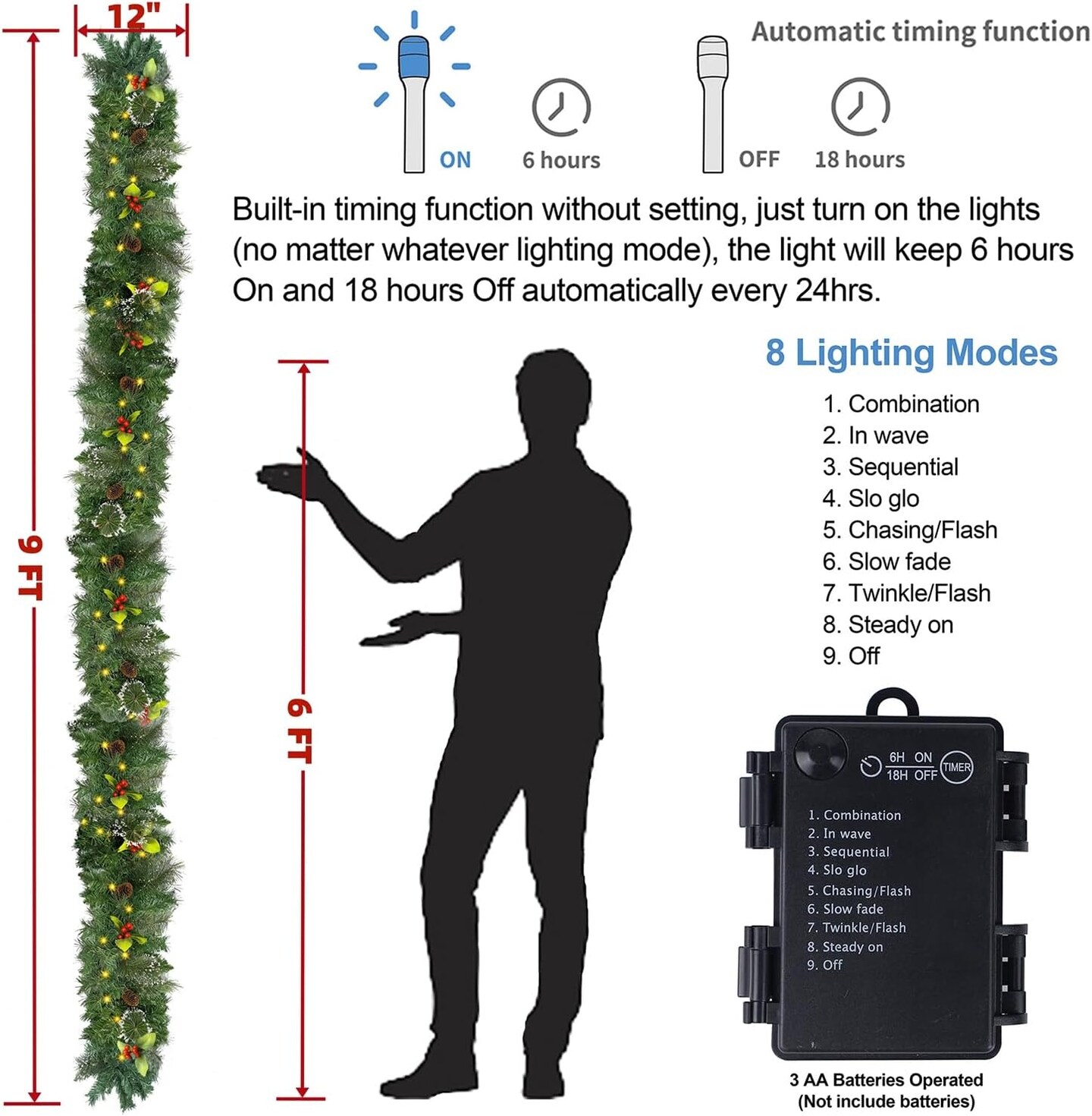 9FT Pre-Lit Christmas Garland with 50 Warm White LED Lights, Battery Operated &#x26; Timer