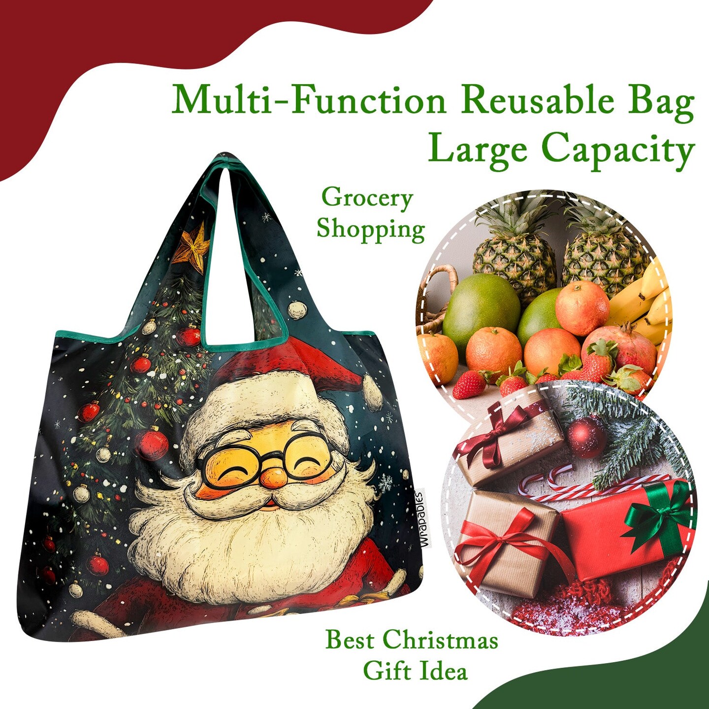 Wrapables Large Foldable Christmas Holiday Nylon Reusable Grocery Bag, Santa