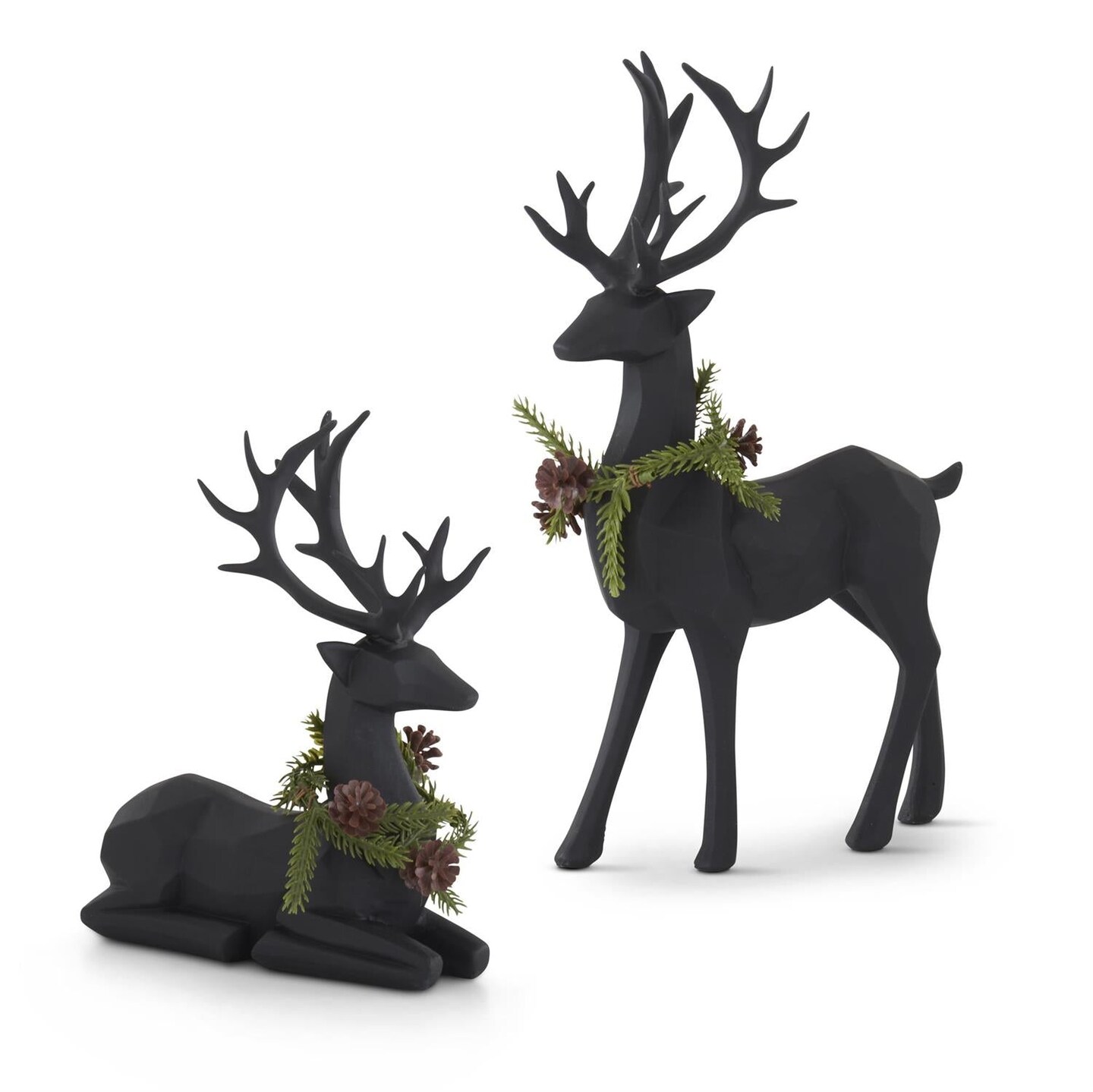 Set of 2 Matte Black Modern Deer with Pine Wreaths &#x2013; Contemporary Christmas D&#xE9;cor