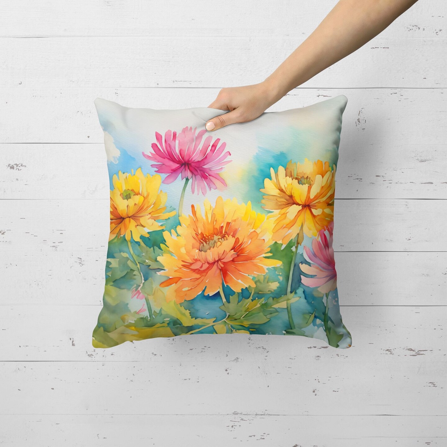 Edge Collections - 18" x 18" - Multicolor - Watercolor Chrysanthemums Decorative Throw Pillow - 1 Piece
